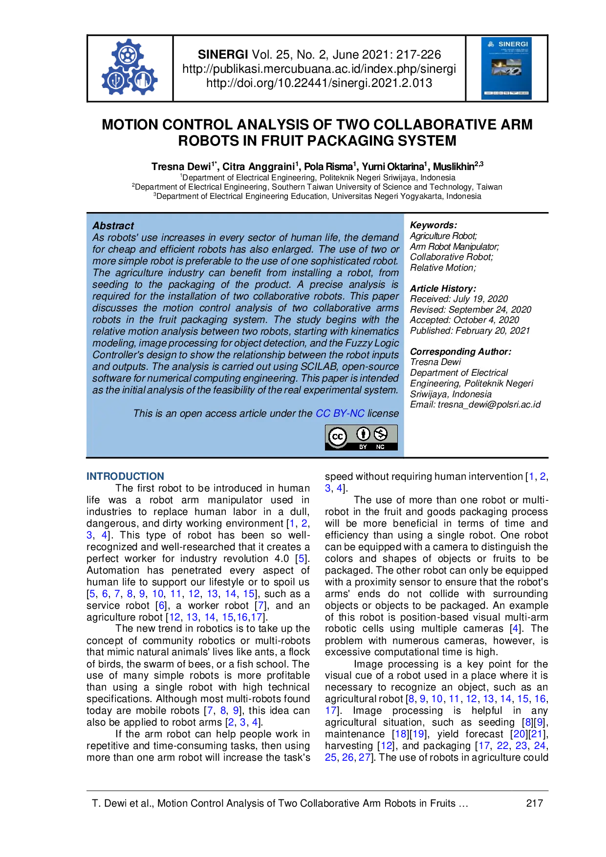 JURIS MOTION CONTROL ANALYSIS OF TWO COLLABORATIVE ARM ROBOTS IN FRUIT PACKAGING SYSTEM