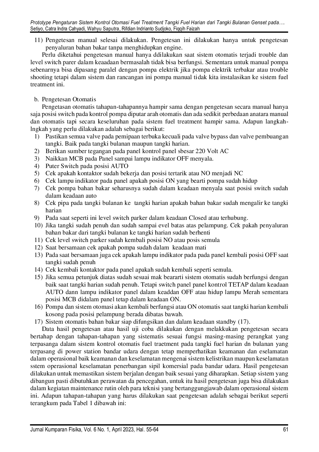 JURIS Prototype Pengaturan Sistem Kontrol Otomasi Fuel Treatment Tangki Fuel Harian Dari Tangki Bulanan Genset Pada Power Station Bandar Udara