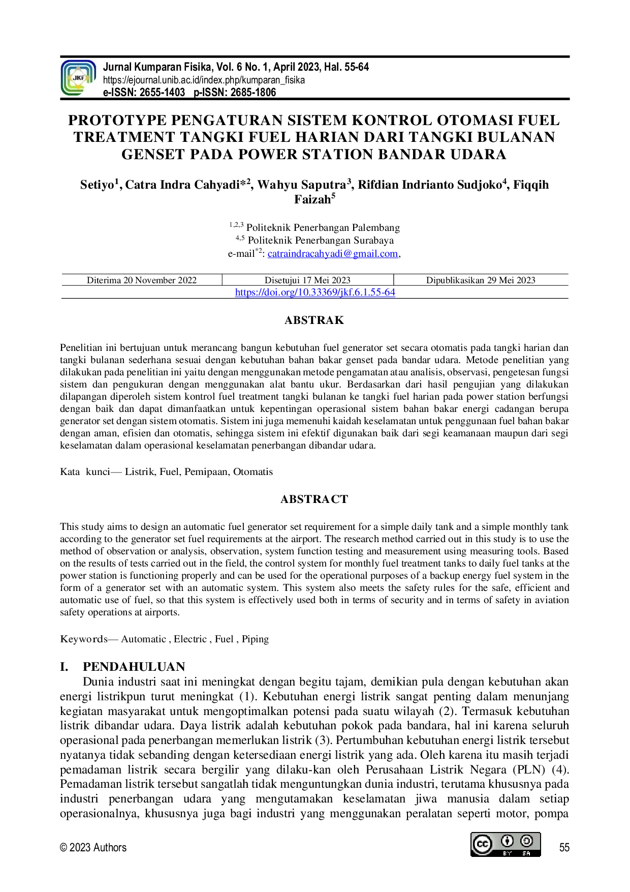 JURIS Prototype Pengaturan Sistem Kontrol Otomasi Fuel Treatment Tangki Fuel Harian Dari Tangki Bulanan Genset Pada Power Station Bandar Udara