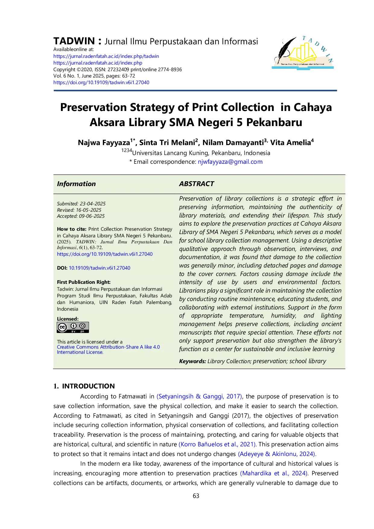 JURIS Preservation Strategy of Print Collection in Cahaya Aksara Library SMA Negeri 5 Pekanbaru