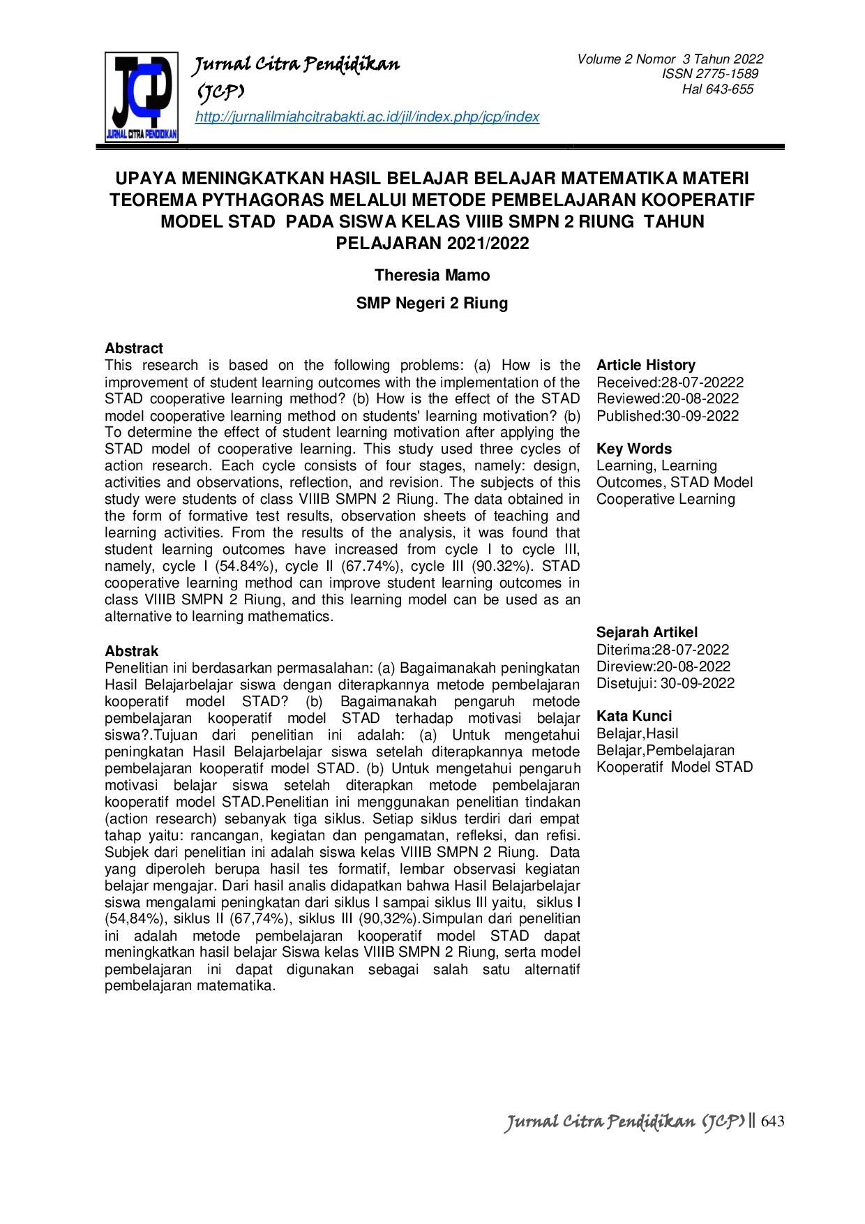 JURIS Upaya Meningkatkan Hasil Belajar Matematika Materi Teorema Pythagoras Melalui Metode Pembelajaran Kooperatif Model STAD Pada Siswa Kelas VIIIB SMPN 2 Riung Tahun Pelajaran 2021 2022