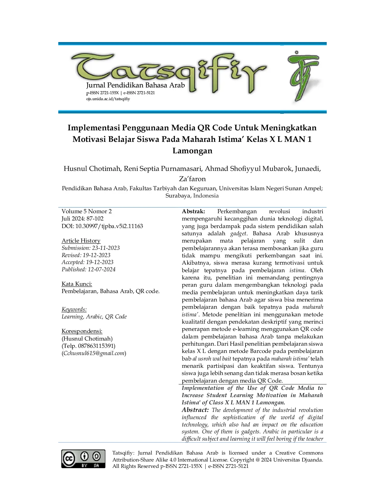 JURIS Implementasi Penggunaan Media Qr Code untuk Meningkatkan Motivasi Belajar Siswa pada Maharah Istima Kelas X L Man 1 Lamongan