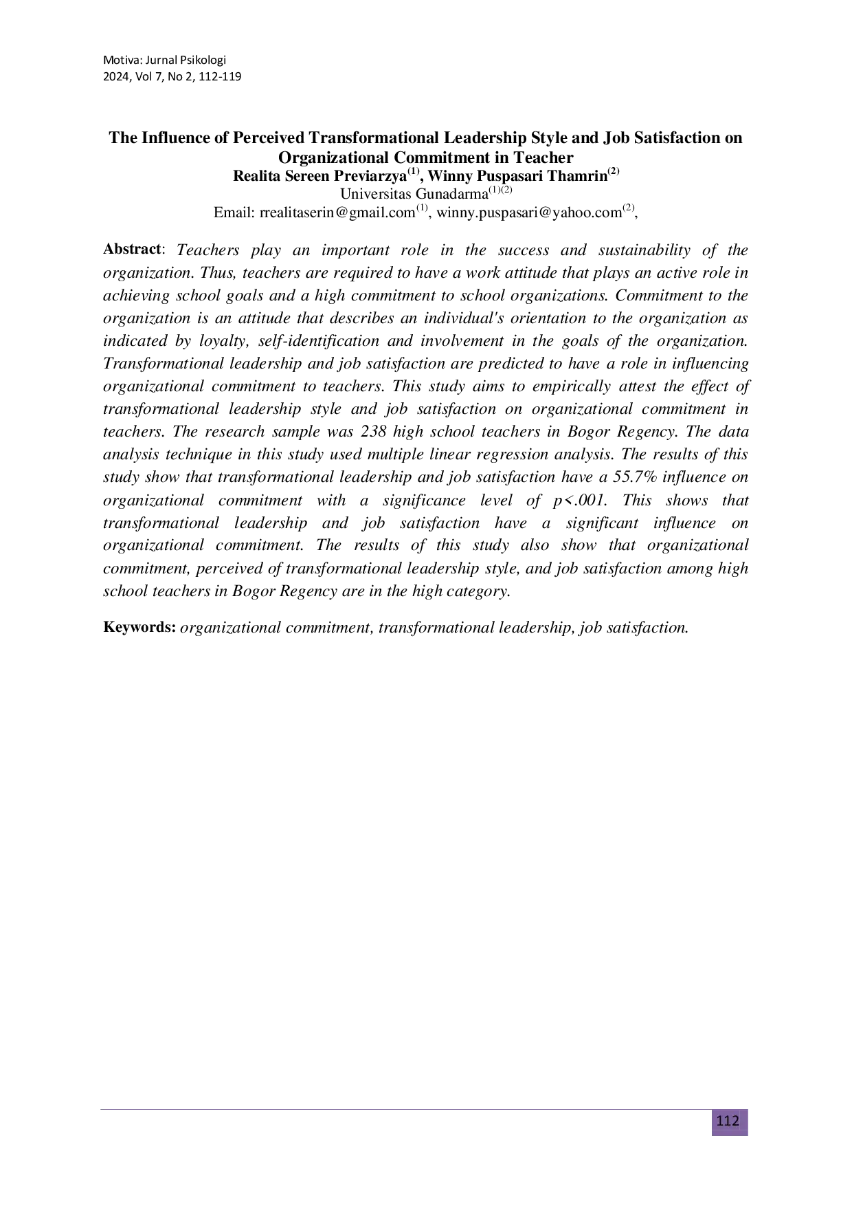 JURIS The Influence Of Perceived Transformational Leadership Style And Job Satisfaction On Organizational Commitment In Teacher