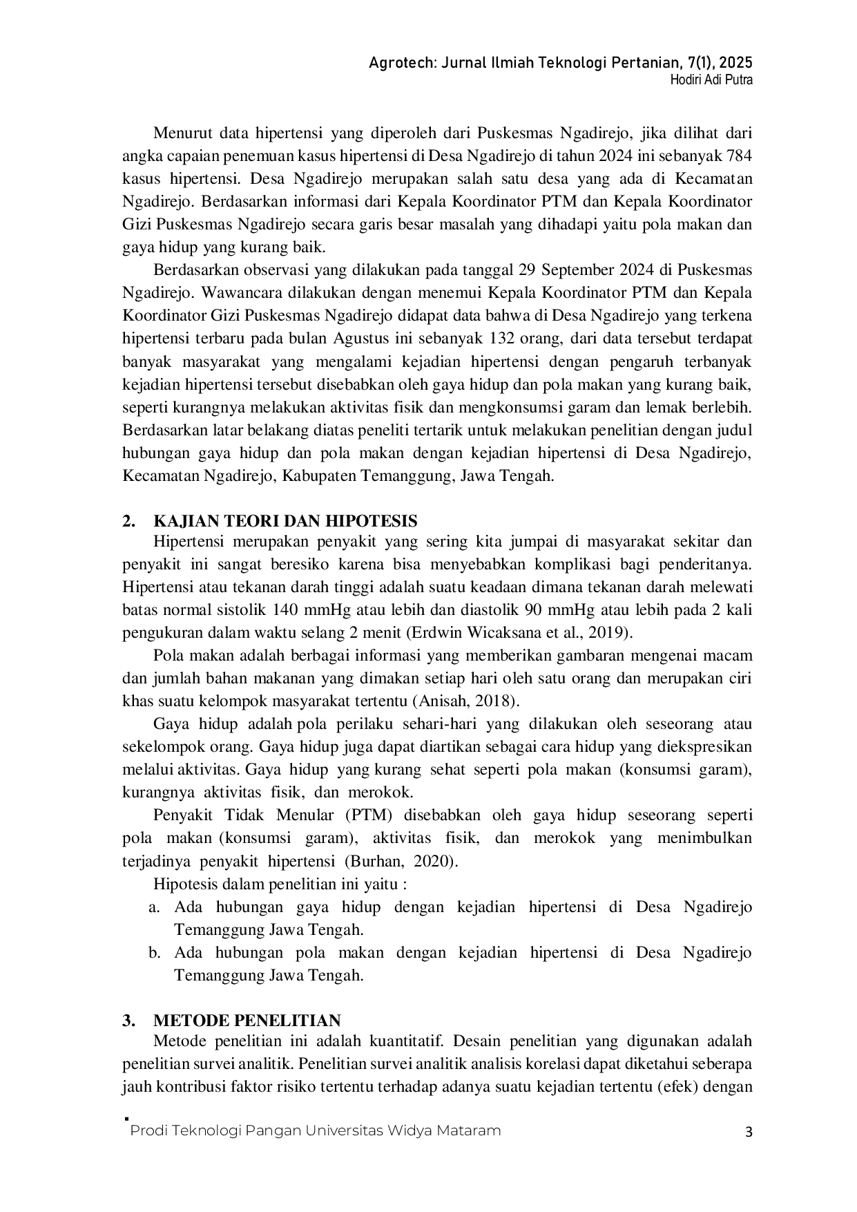 JURIS Hubungan Gaya Hidup dan Pola Makan dengan Kejadian Hipertensi di Desa Ngadirejo Temanggung Jawa Tengah 2025