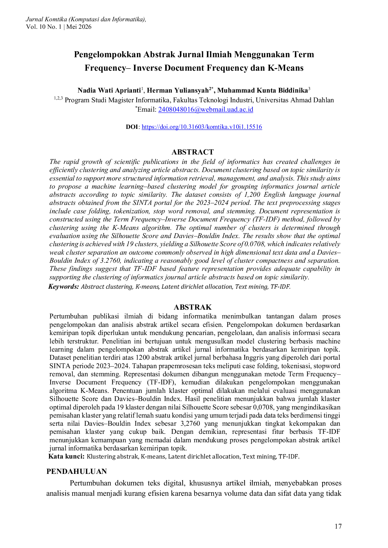 JURIS Pengelompokkan Abstrak Jurnal Ilmiah Menggunakan Term Frequency Inverse Document Frequency dan K Means