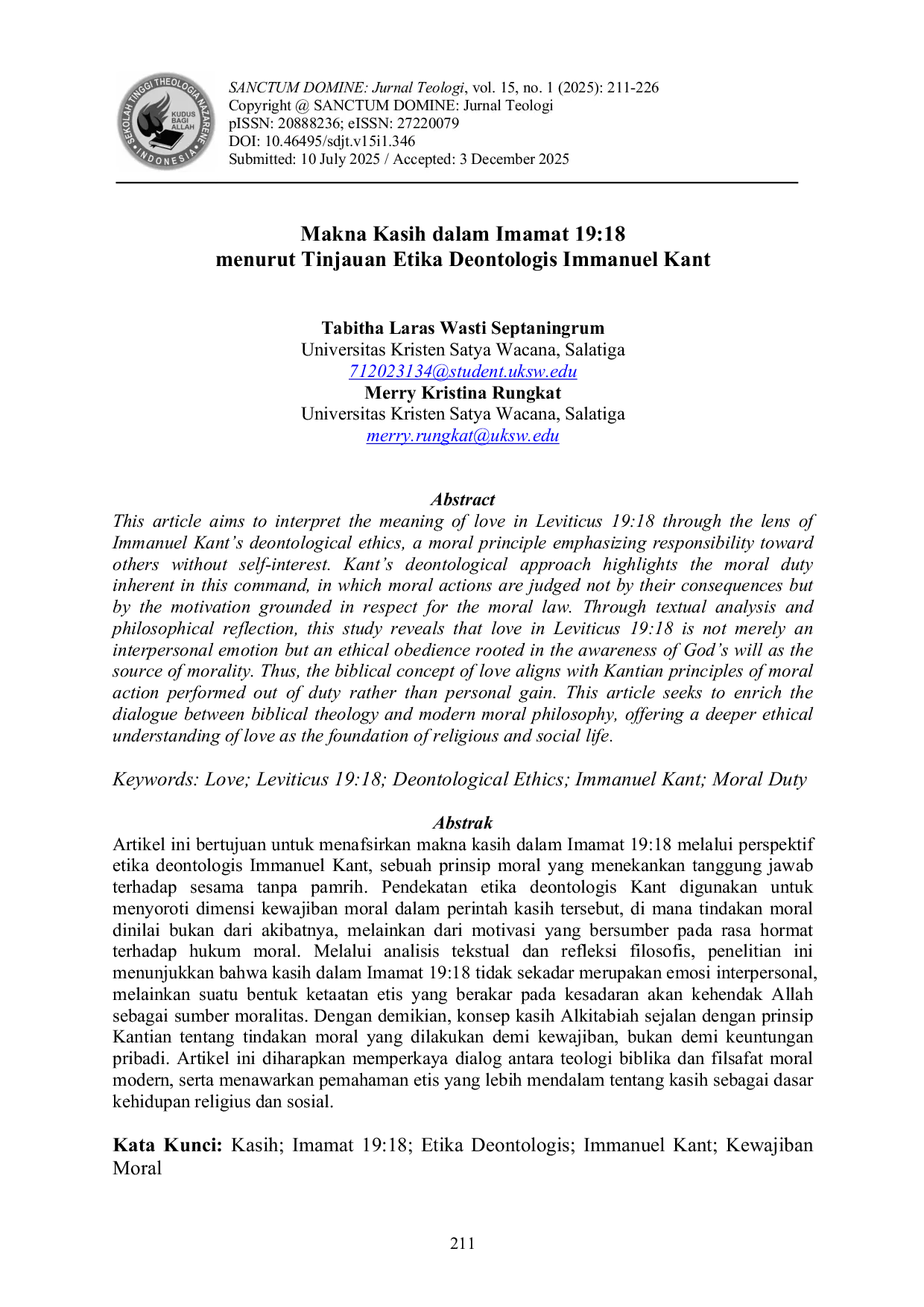 JURIS Makna Kasih dalam Imamat 19 18 menurut Tinjauan Etika Deontologis Immanuel Kant
