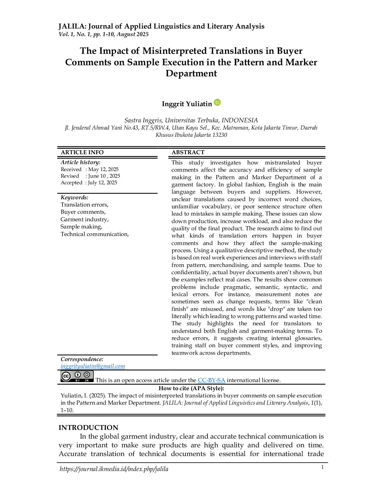 JURIS The Impact of Misinterpreted Translations in Buyer Comments on Sample Execution in the Pattern and Marker Department