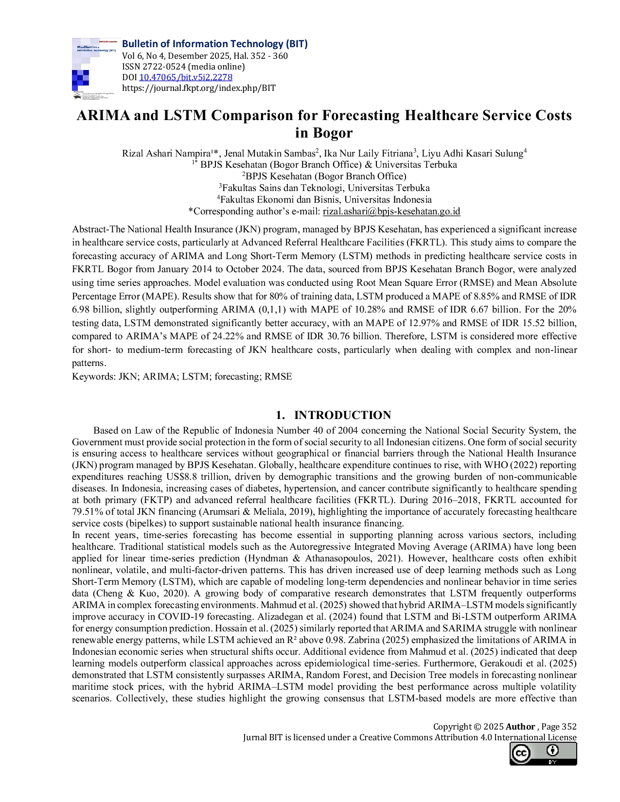 JURIS ARIMA and LSTM Comparison for Forecasting Healthcare Service Costs in Bogor