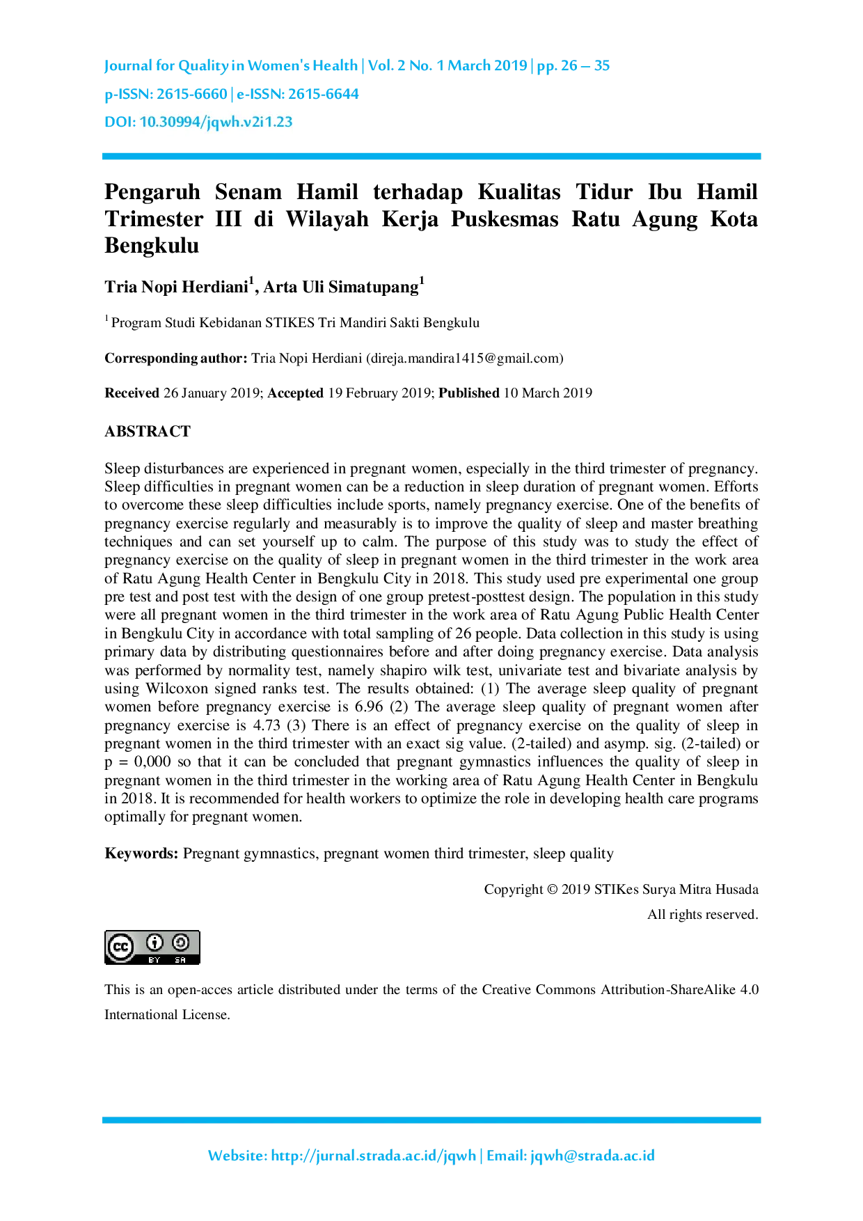 JURIS Pengaruh Senam Hamil terhadap Kualitas Tidur Ibu Hamil Trimester III di Wilayah Kerja Puskesmas Ratu Agung Kota Bengkulu