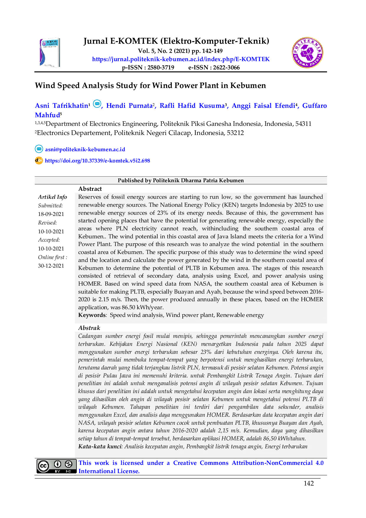 JURIS Wind Speed Analysis Study For Wind Power Plant In Kebumen