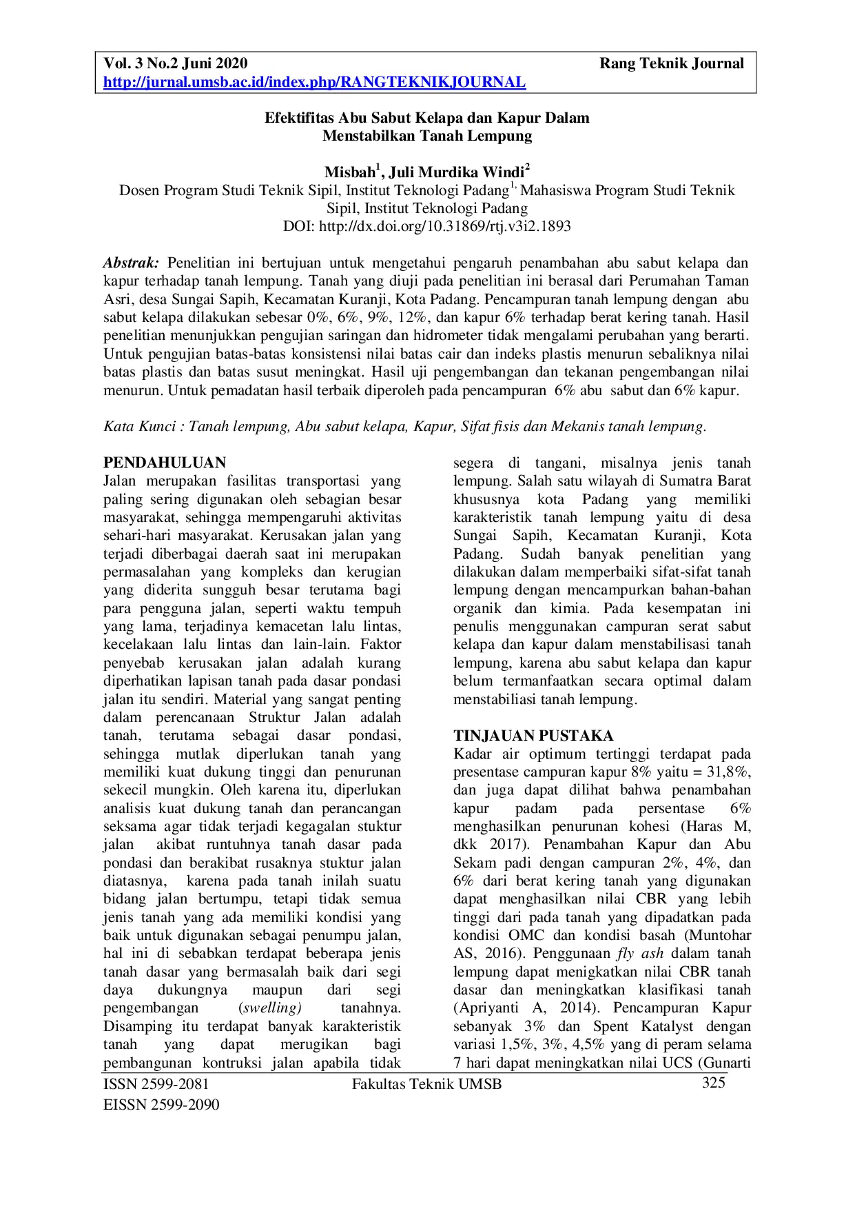 JURIS Efektifitas Abu Sabut Kelapa Dan Kapur Dalam Menstabilkan Tanah Lempung