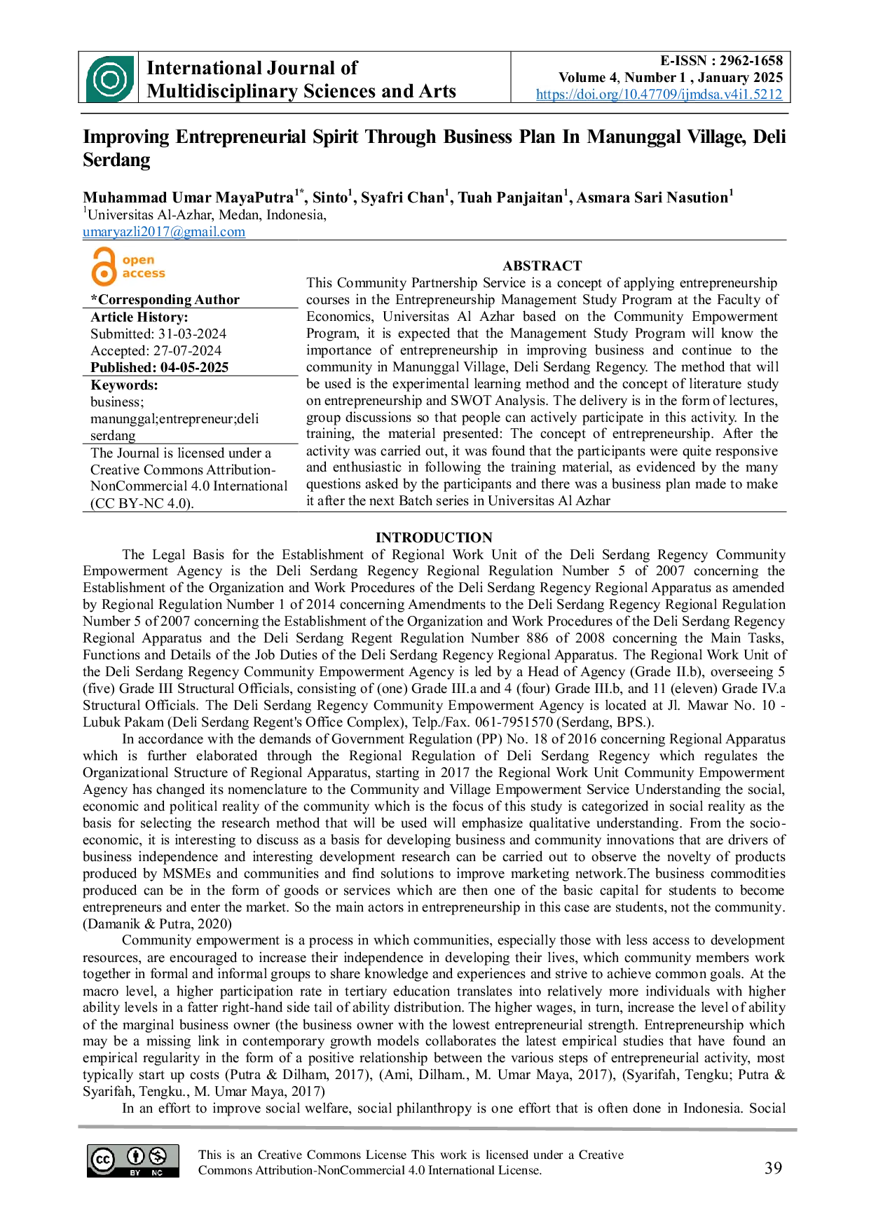 JURIS Improving Entrepreneurial Spirit Through Business Plan In Manunggal Village Deli Serdang