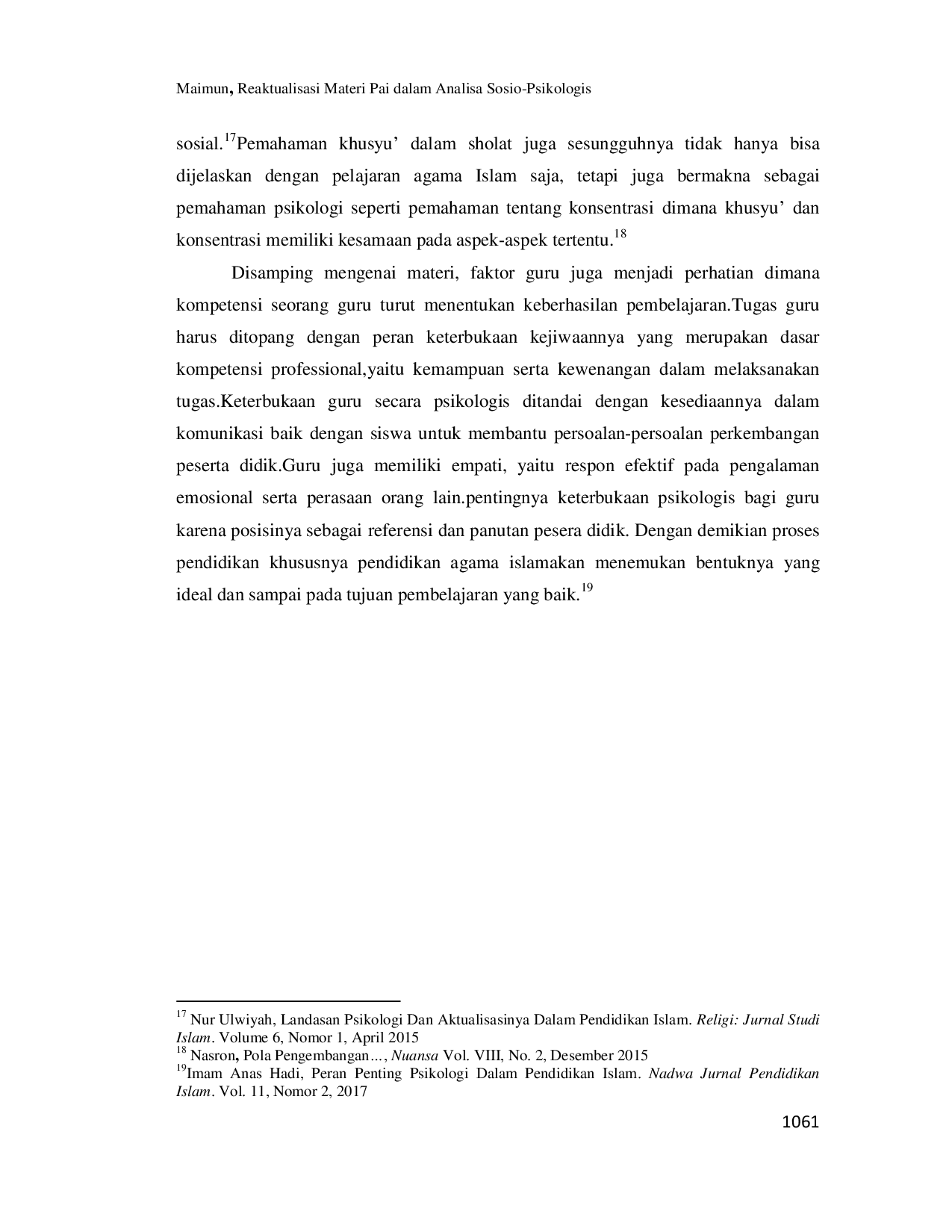 JURIS Reaktualisasi Materi PAI dalam Analisa Sosio Psikologis