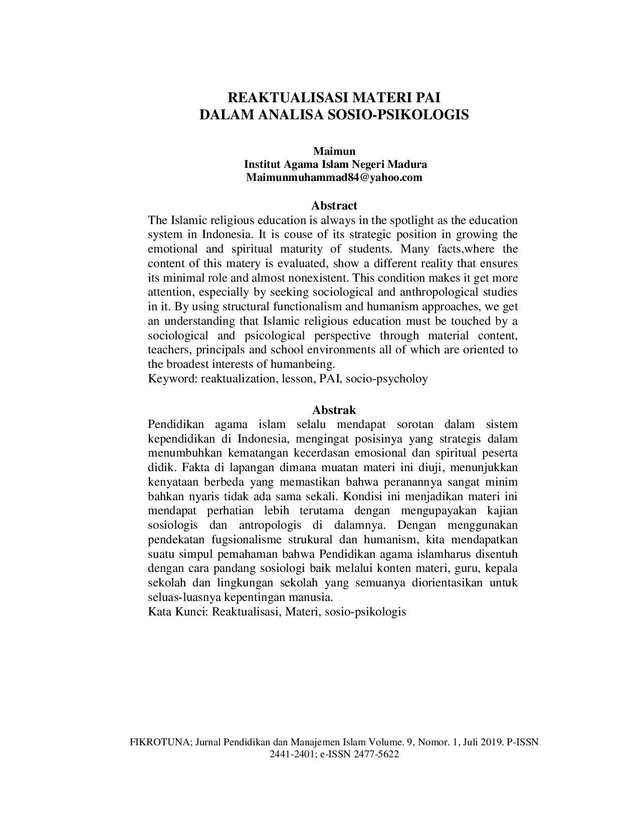 JURIS Reaktualisasi Materi PAI dalam Analisa Sosio Psikologis