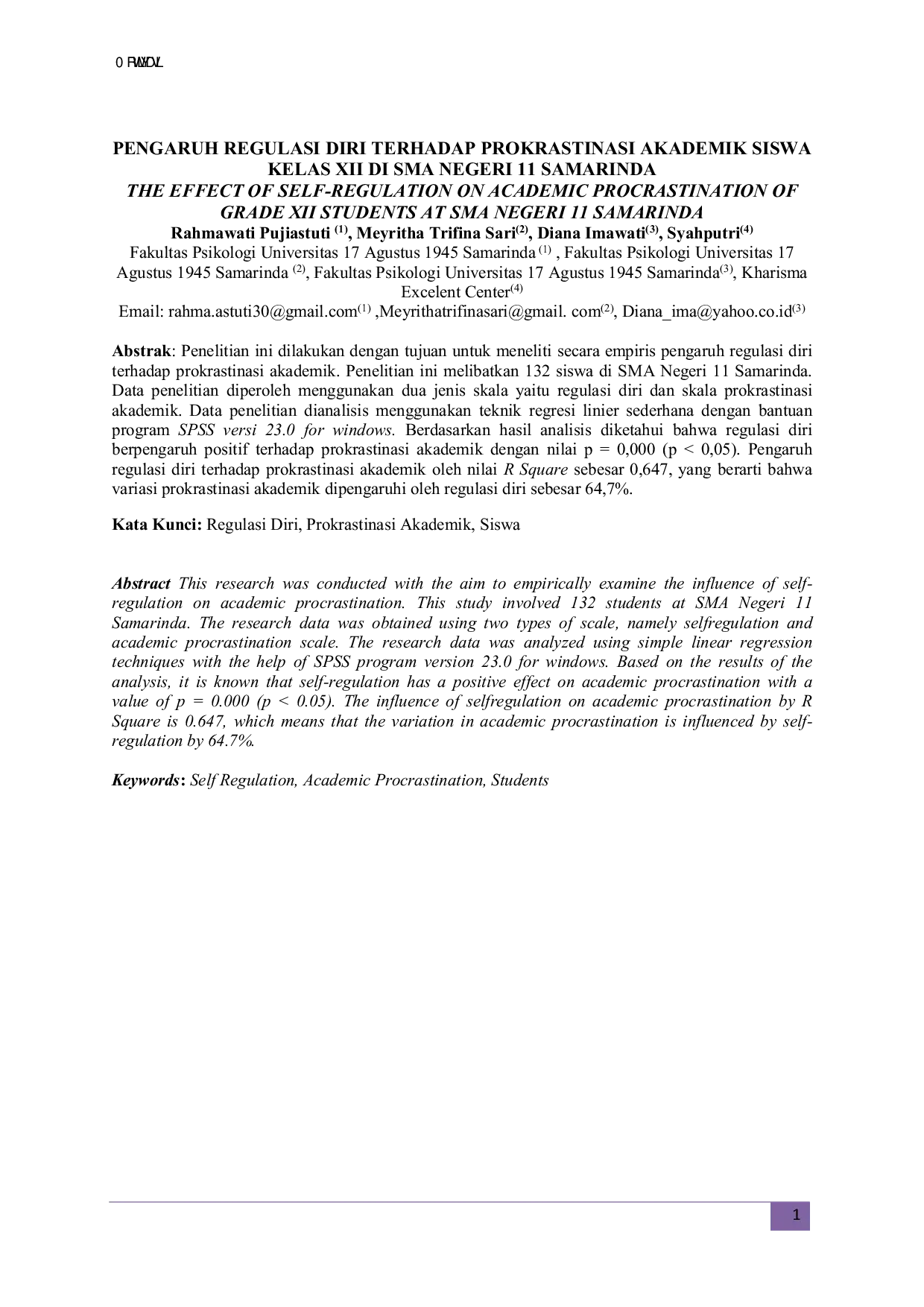 JURIS Pengaruh Regulasi Diri Terhadap Prokrastinasi Akademik Siswa Kelas Xii Di Sma Negeri 11 Samarinda