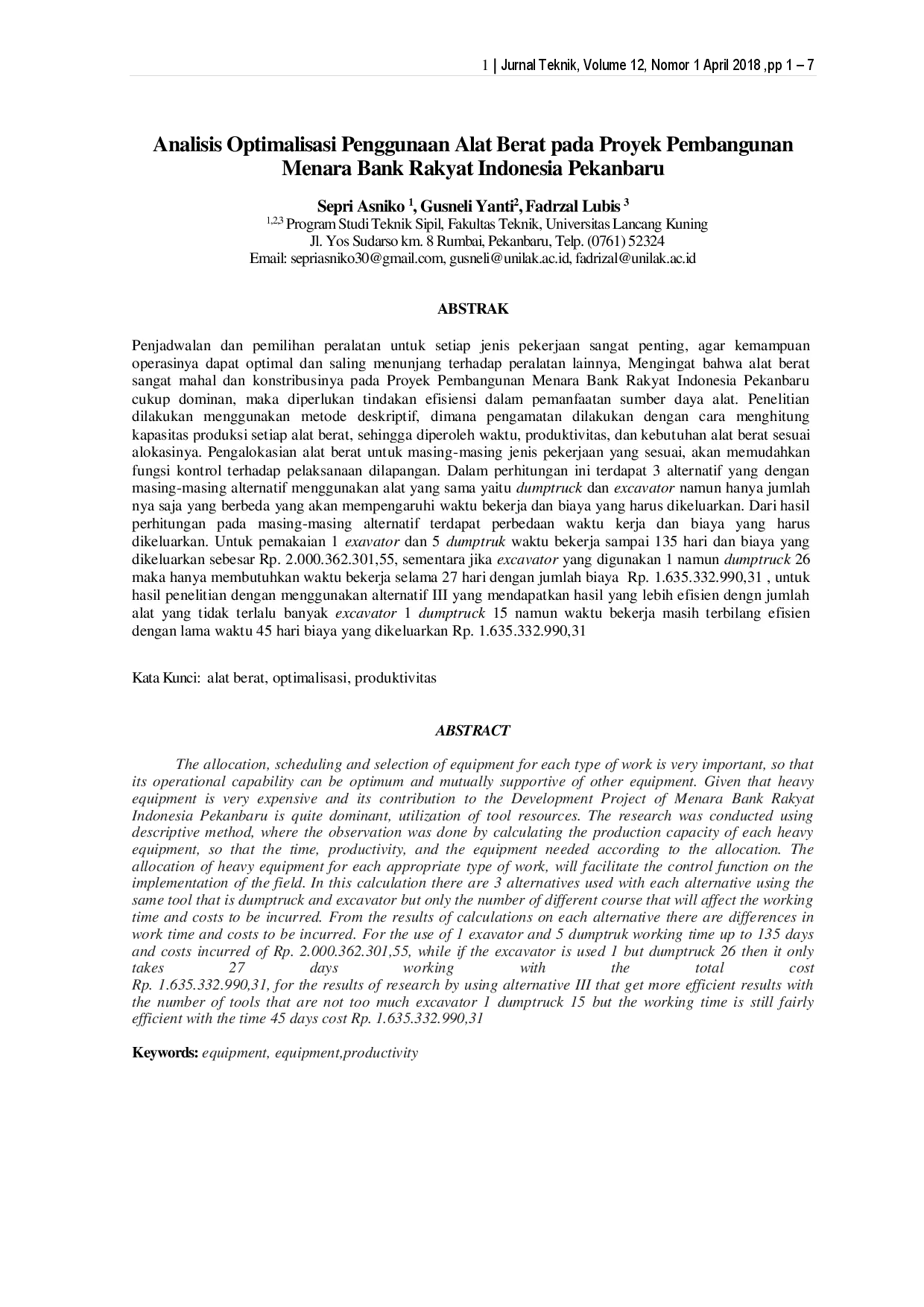 juris Analisis Optimalisasi Penggunaan Alat Berat pada Proyek Pembangunan Menara Bank Rakyat Indonesia Pekanbaru