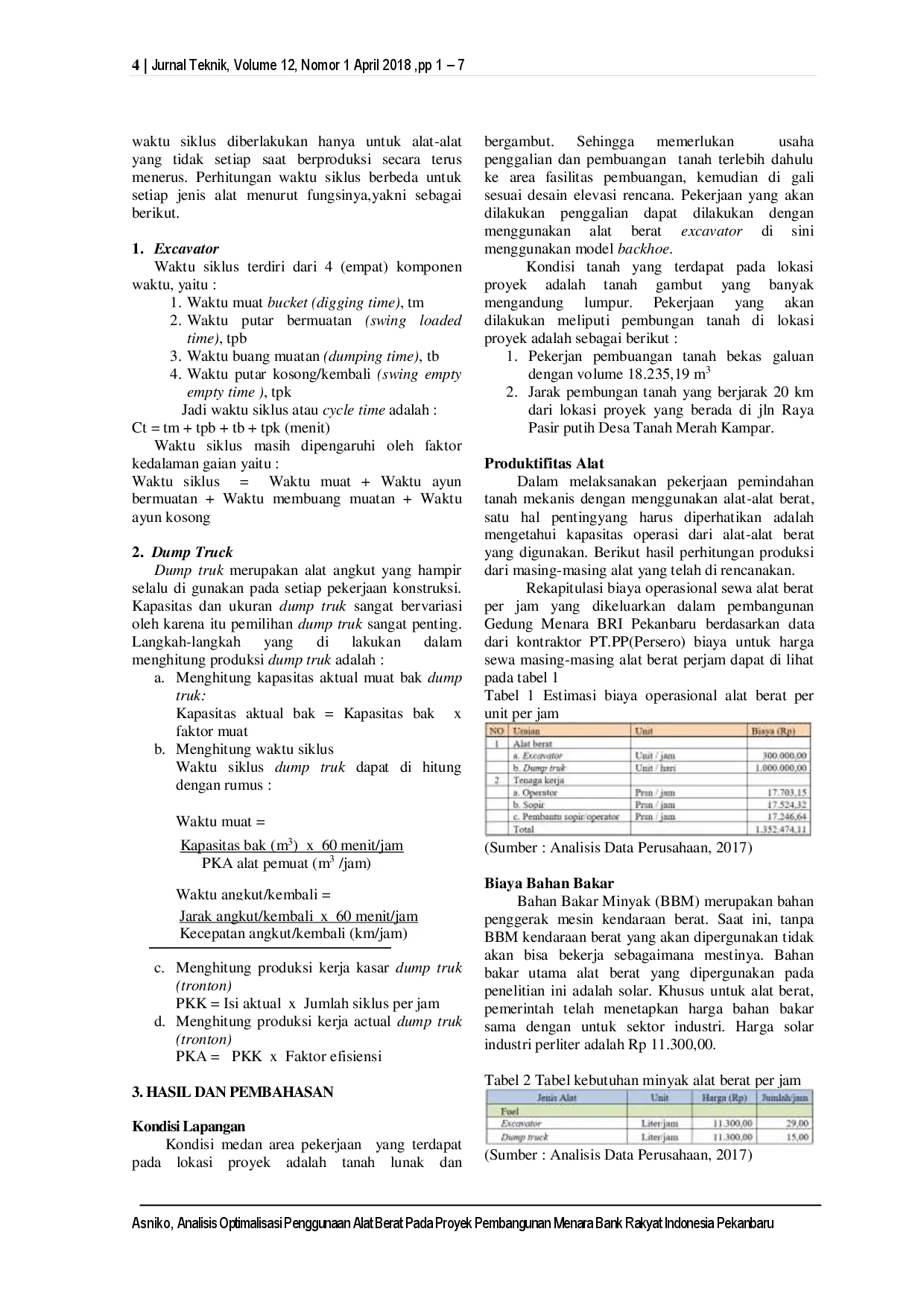 juris Analisis Optimalisasi Penggunaan Alat Berat pada Proyek Pembangunan Menara Bank Rakyat Indonesia Pekanbaru