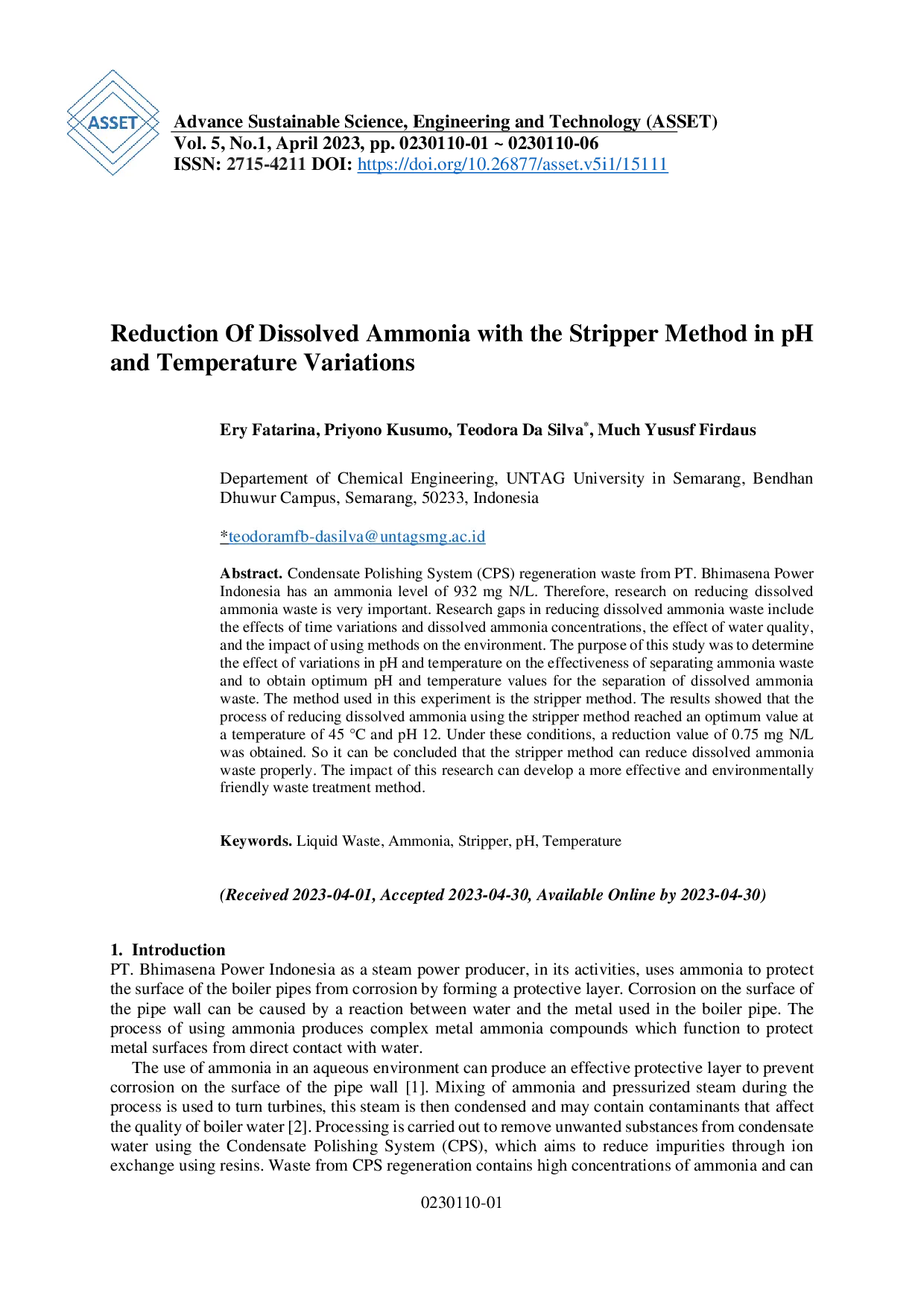 juris Reduction Of Dissolved Ammonia with the Stripper Method in pH and Temperature Variations
