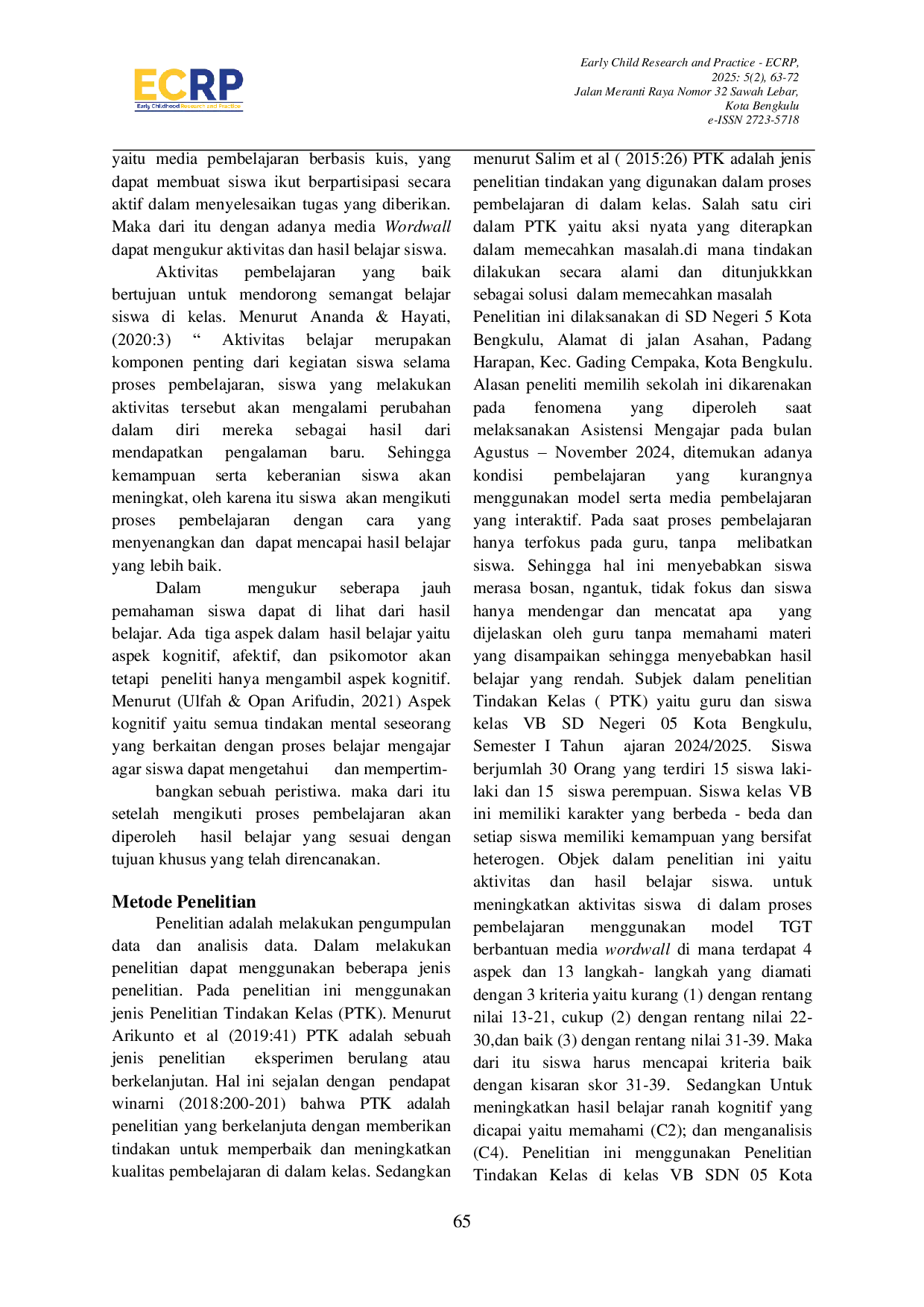 JURIS Penerapan Model Pembelajaran Kooperatif Tipe Team Game Tournament TGT Berbantuan Media Wordwall Untuk Meningkatkan Aktivitas Dan Hasil Belajar Siswa Pada Pembelajaran IPAS Kelas VB SD Negeri 5 Ko