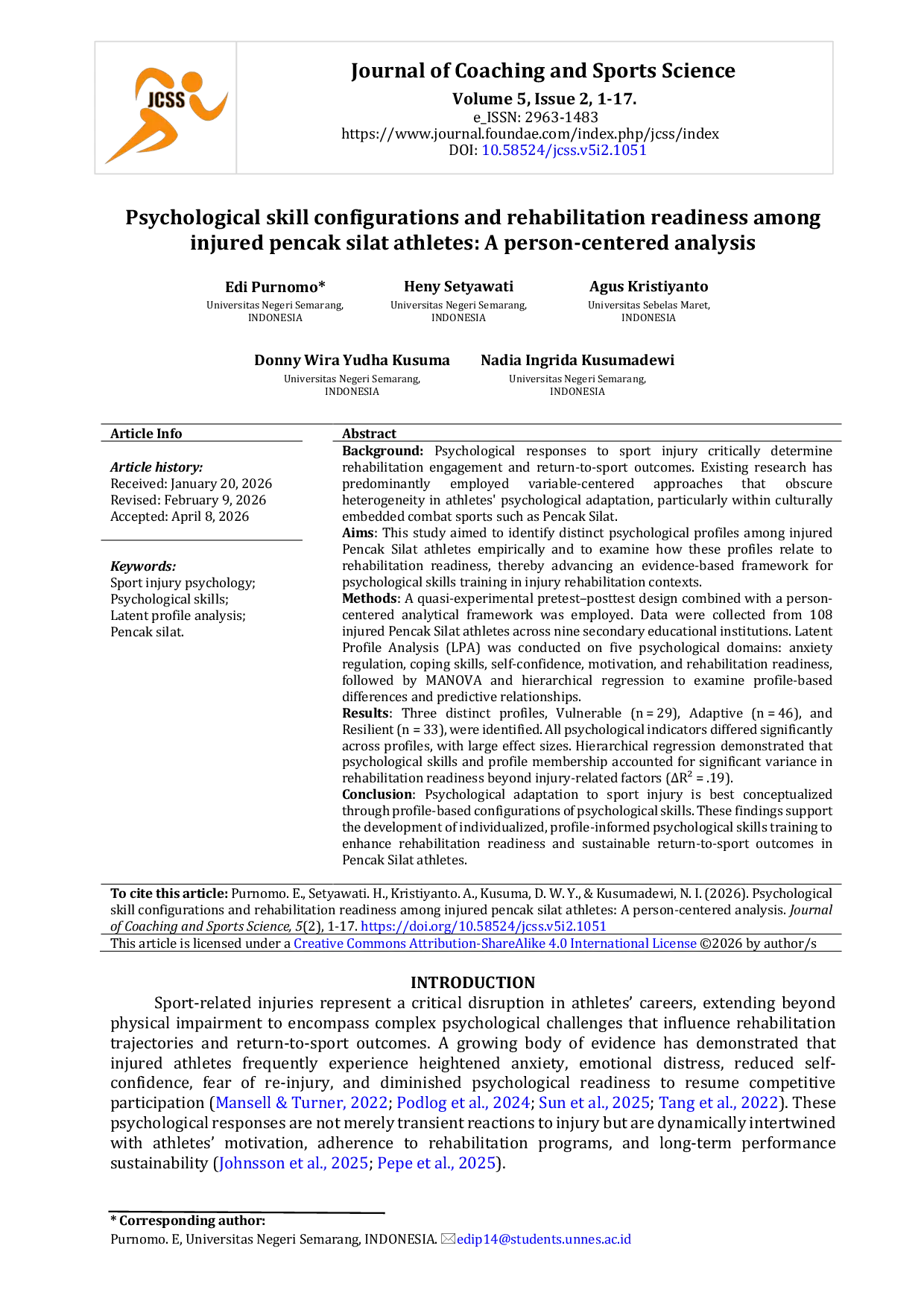 JURIS Psychological Skill Configurations and Rehabilitation Readiness Among Injured Pencak Silat Athletes A Person Centered Analysis