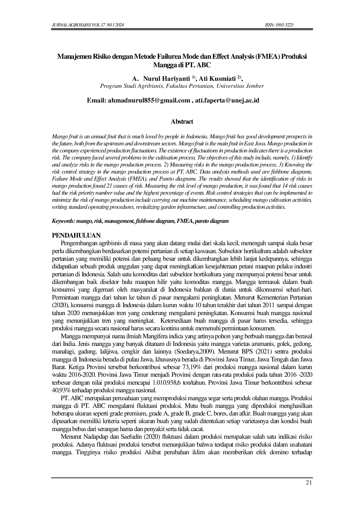 JURIS Manajemen Risiko dengan Metode Failurea Mode dan Effect Analysis FMEA Produksi Mangga di PT ABC