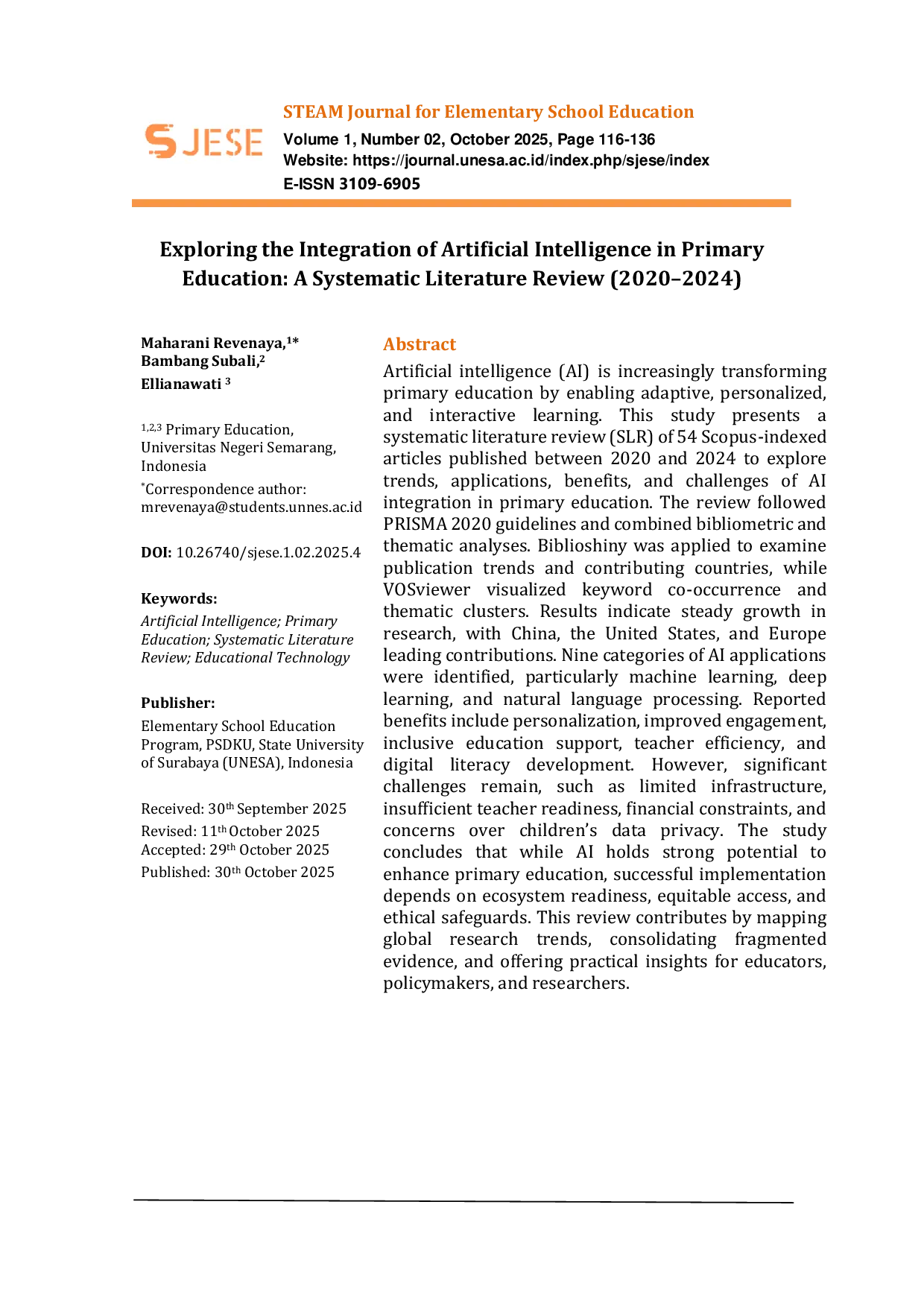 JURIS Exploring the Integration of Artificial Intelligence in Primary Education A Systematic Literature Review 2020 2024