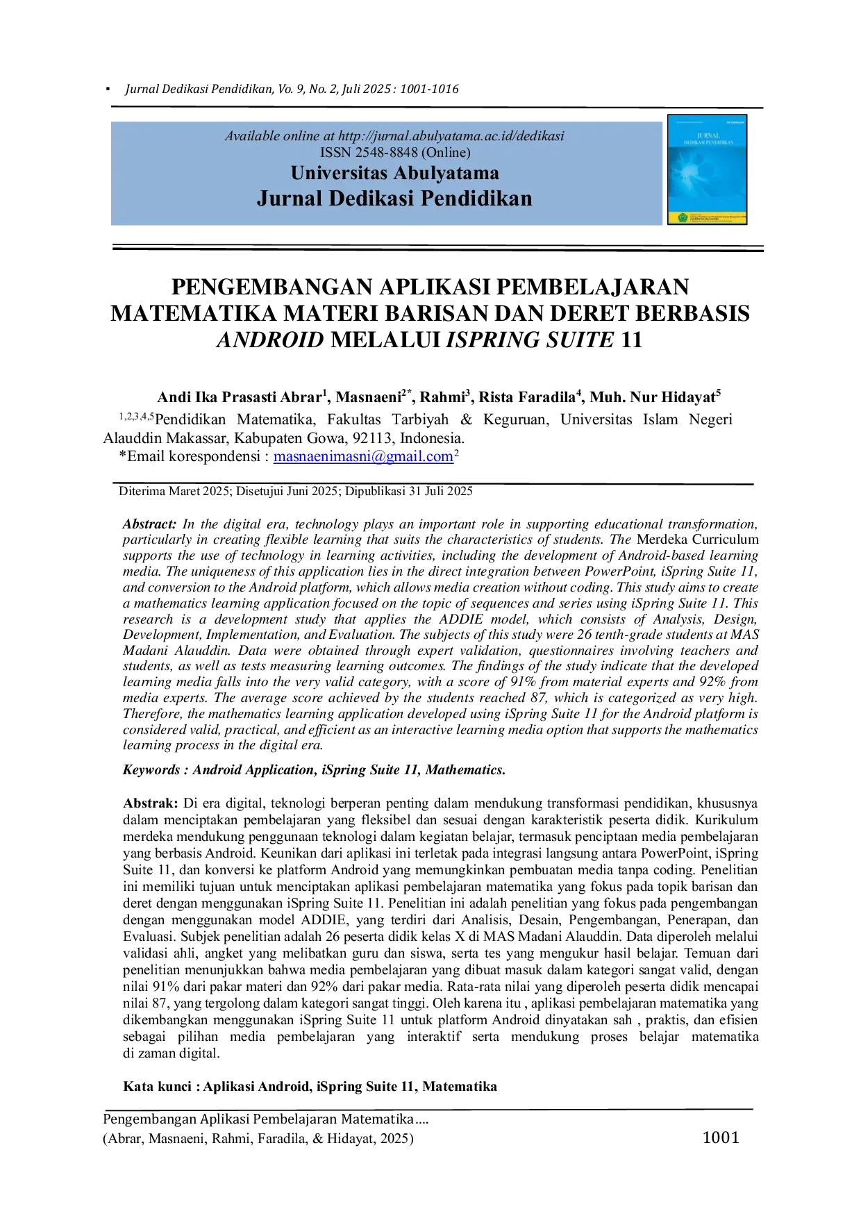 JURIS Pengembangan Aplikasi Pembelajaran Matematika Materi Barisan Dan Deret Berbasis Android Melalui iSpring Suite 11