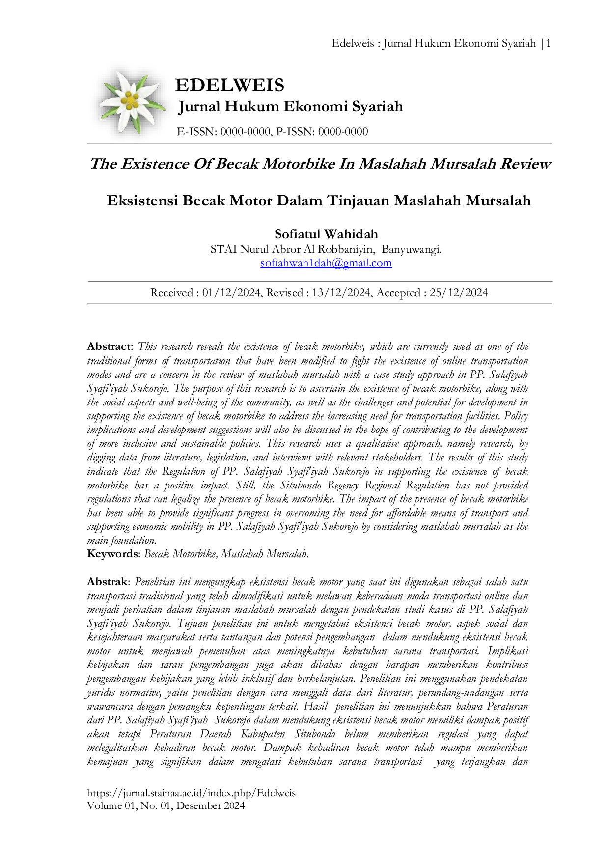 JURIS The Existence Of Becak Motorbike In Maslahah Mursalah Review