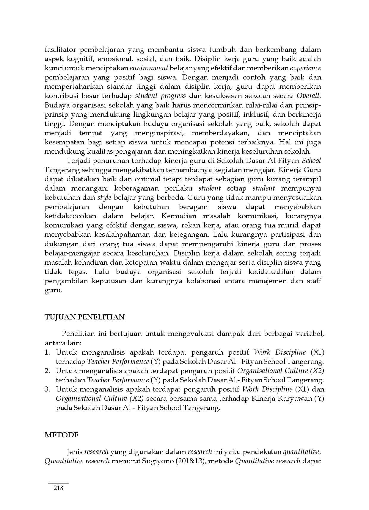 juris Pengaruh Disiplin Kerja dan Budaya Organisasi Terhadap Kinerja Guru pada Sekolah Dasar Al Fityan School Tangerang