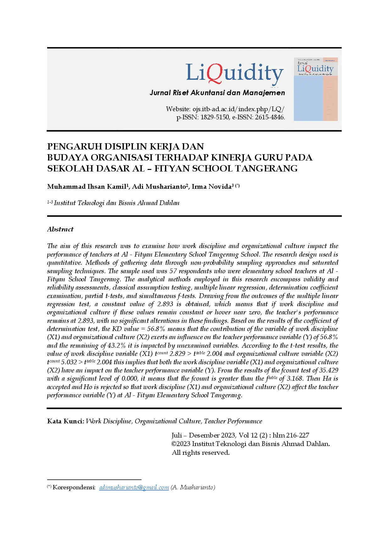 juris Pengaruh Disiplin Kerja dan Budaya Organisasi Terhadap Kinerja Guru pada Sekolah Dasar Al Fityan School Tangerang