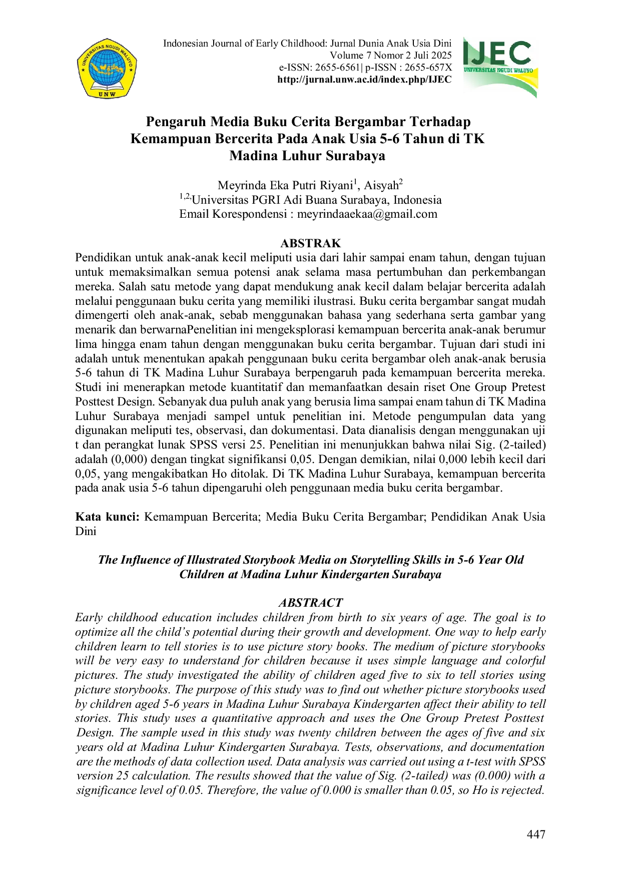 JURIS Pengaruh Media Buku Cerita Bergambar Terhadap Kemampuan Bercerita Pada Anak Usia 5 6 Tahun di TK Madina Luhur Surabaya The Influence of Illustrated Storybook Media on Storytelling Skills in 5 6 Year