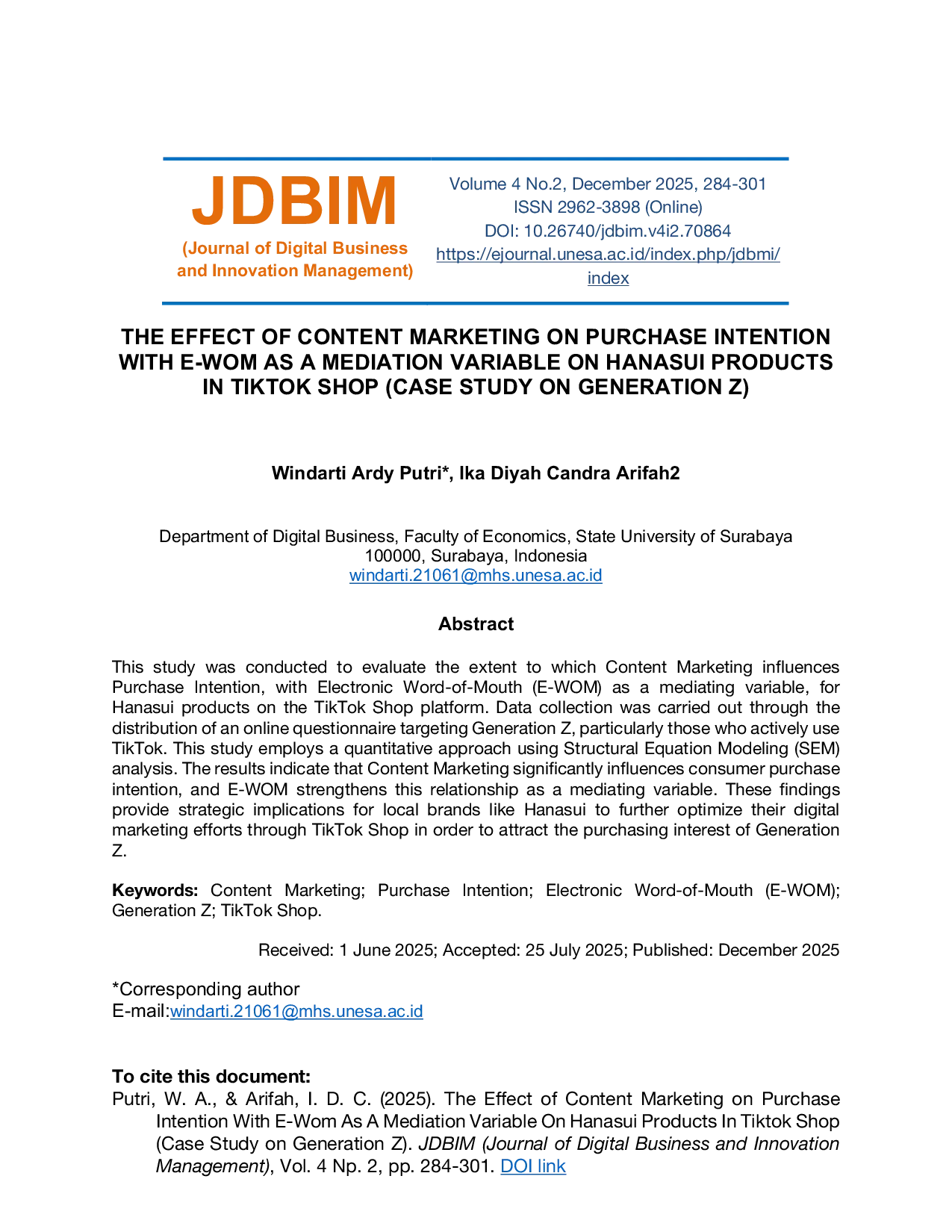 JURIS The Effect of Content Marketing on Purchase Intention With E Wom as A Mediation Variable on Hanasui Products in Tiktok Shop Case Study On Generation Z