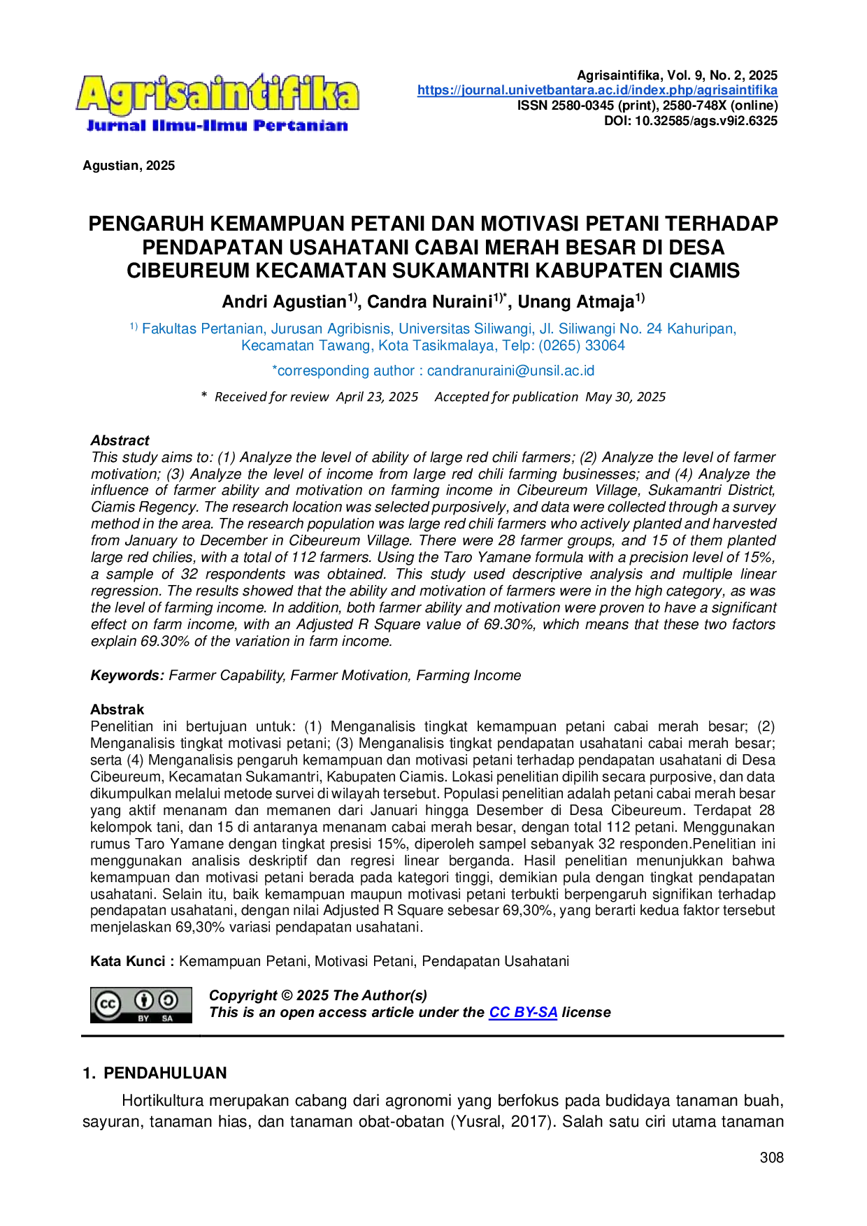 JURIS Pengaruh Kemampuan Petani dan Motivasi Petani Terhadap Pendapatan Usahatani Cabai Merah Besar di Desa Cibeureum Kecamatan Sukamantri Kabupaten Ciamis