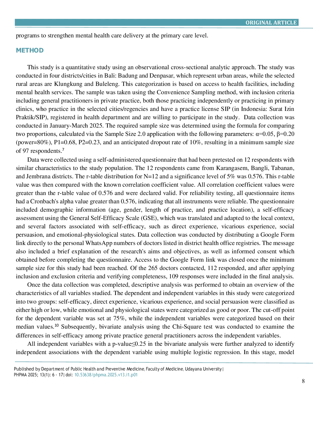 JURIS Factors associated with the self efficacy of private practice general practitioners in the diagnosis and management of mental disorders in Bali Indonesia