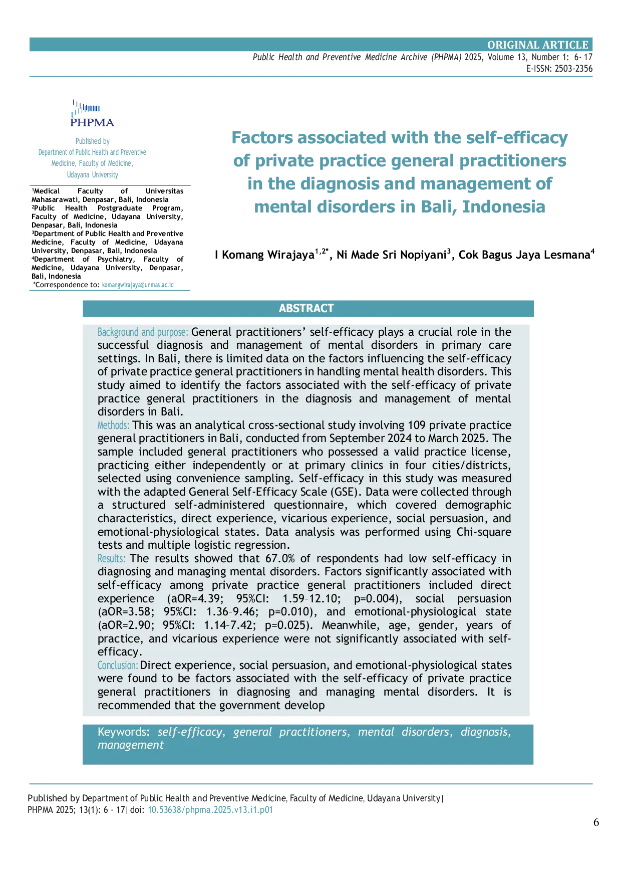 JURIS Factors associated with the self efficacy of private practice general practitioners in the diagnosis and management of mental disorders in Bali Indonesia