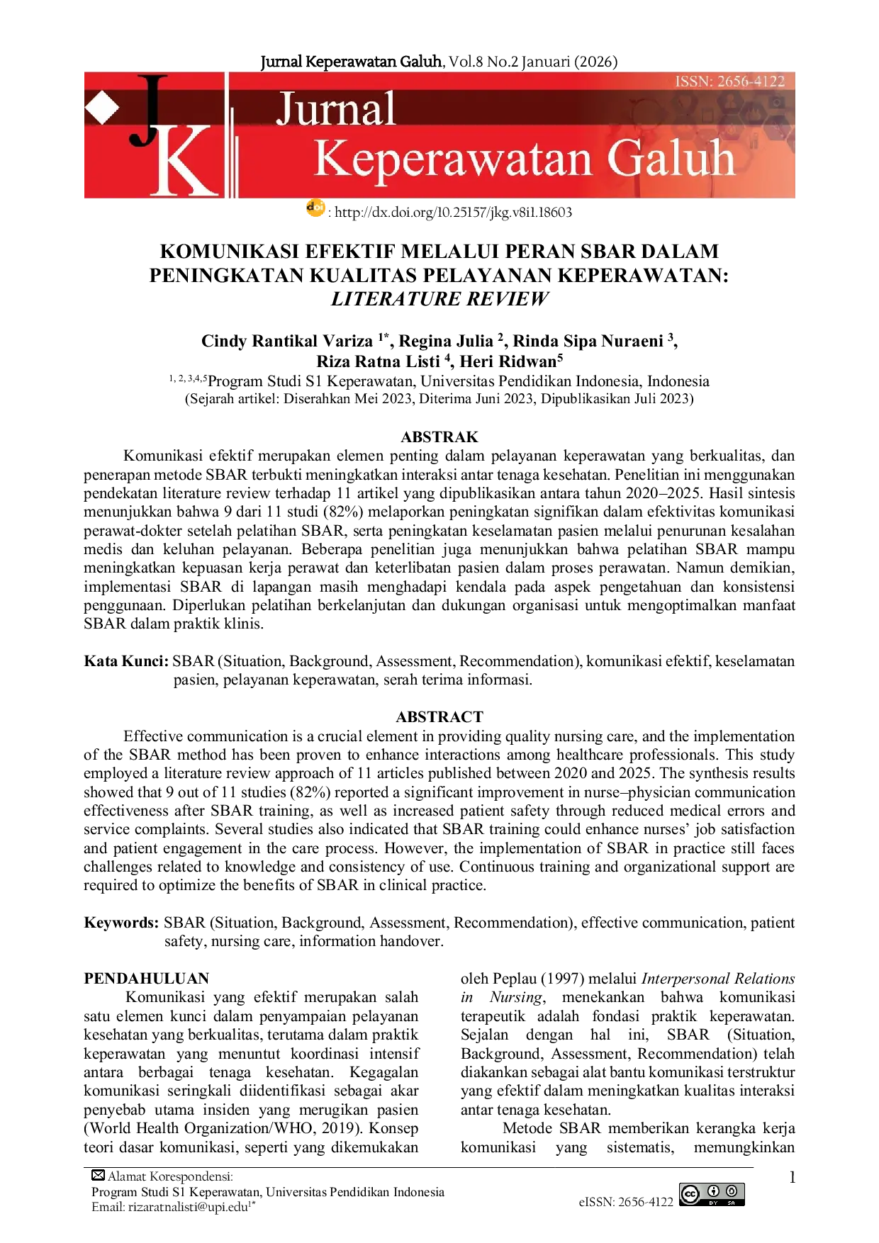 JURIS Komunikasi Efektif Melalui Peran Sbar dalam Peningkatan Kualitas Pelayanan Keperawatan Literature Review