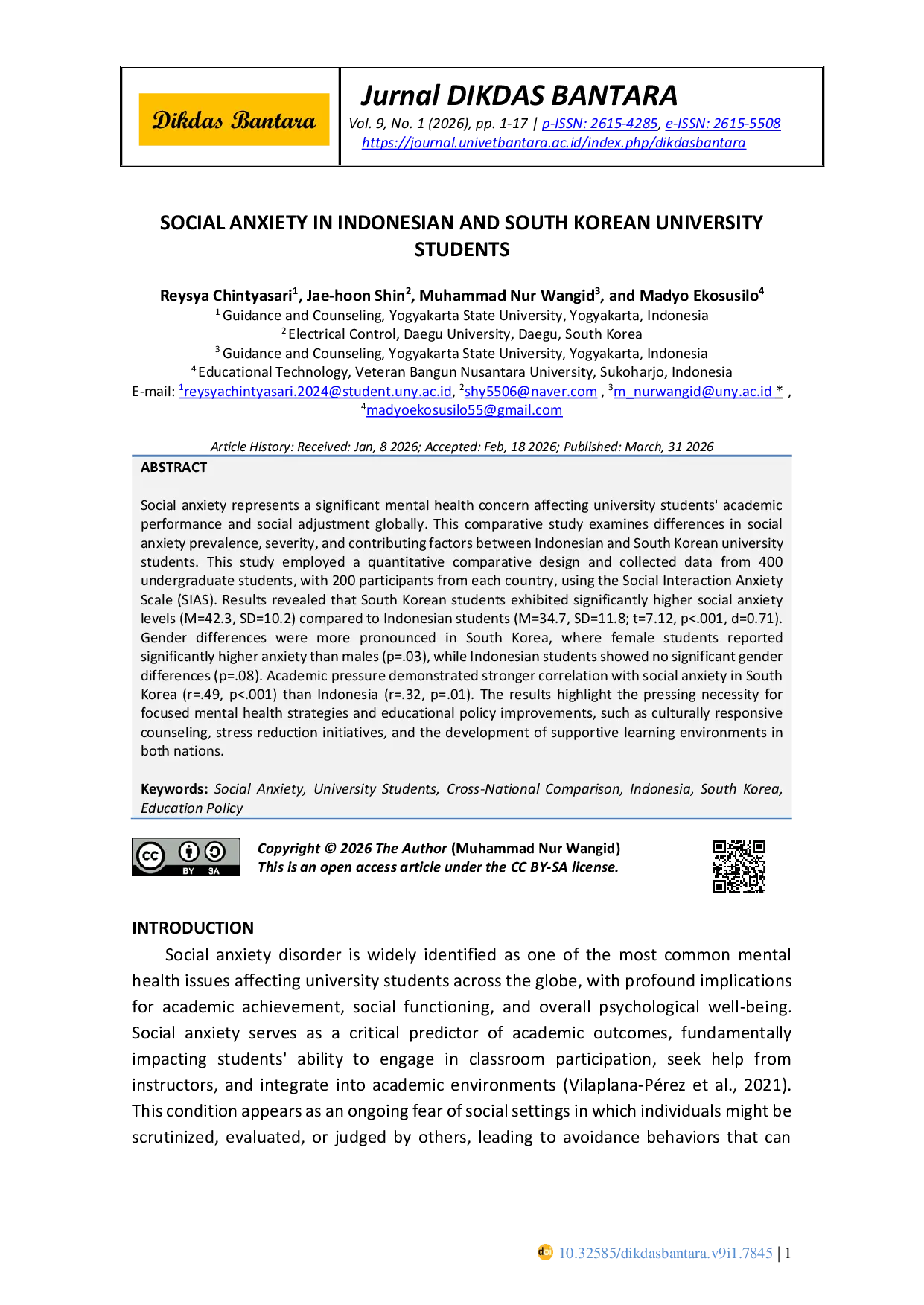 JURIS Social Anxiety In Indonesian And South Korean University Students
