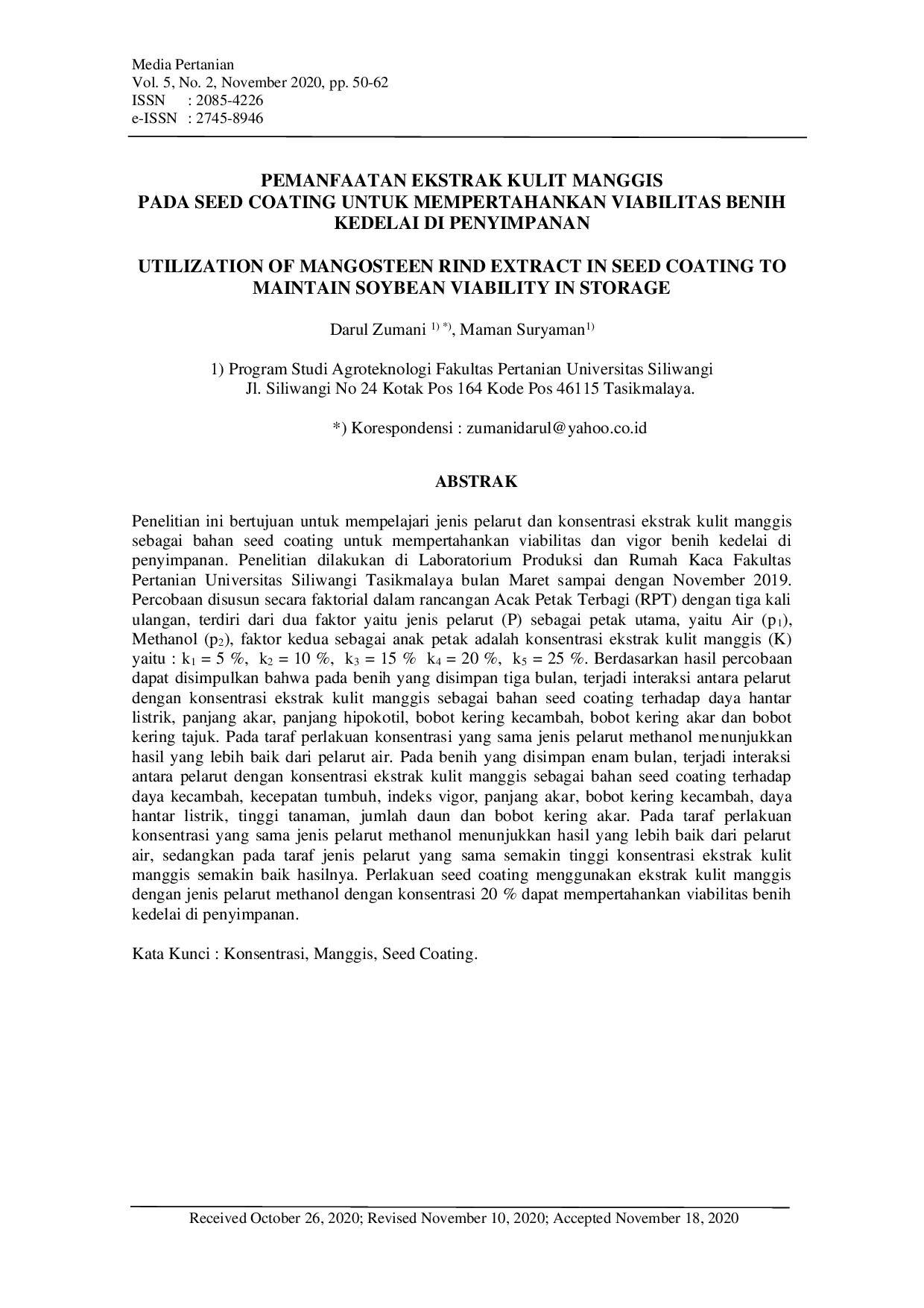 JURIS Pemanfaatan Ekstrak Kulit Manggis Pada Seed Coating untuk Mempertahankan Viabilitas Benih Kedelai di Penyimpanan