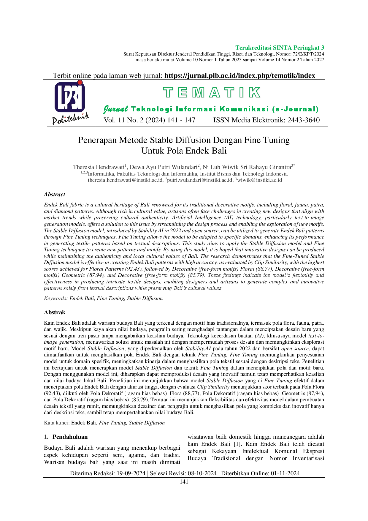 juris Penerapan Metode Stable Diffusion Dengan Fine Tuning Untuk Pola Endek Bali