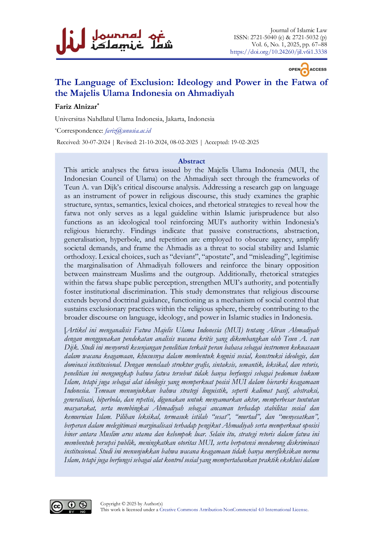 JURIS The Language of Exclusion Ideology and Power in the Fatwa of the Majelis Ulama Indonesia on Ahmadiyah