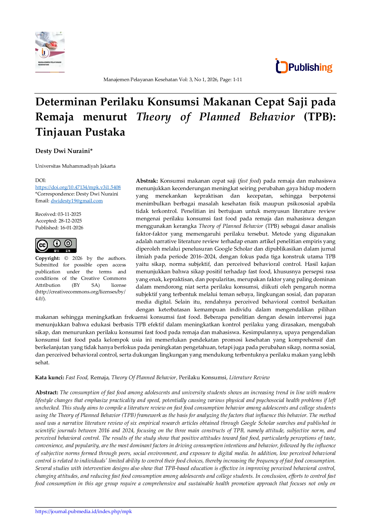 JURIS Determinan Perilaku Konsumsi Makanan Cepat Saji pada Remaja menurut Theory of Planned Behavior TPB Tinjauan Pustaka