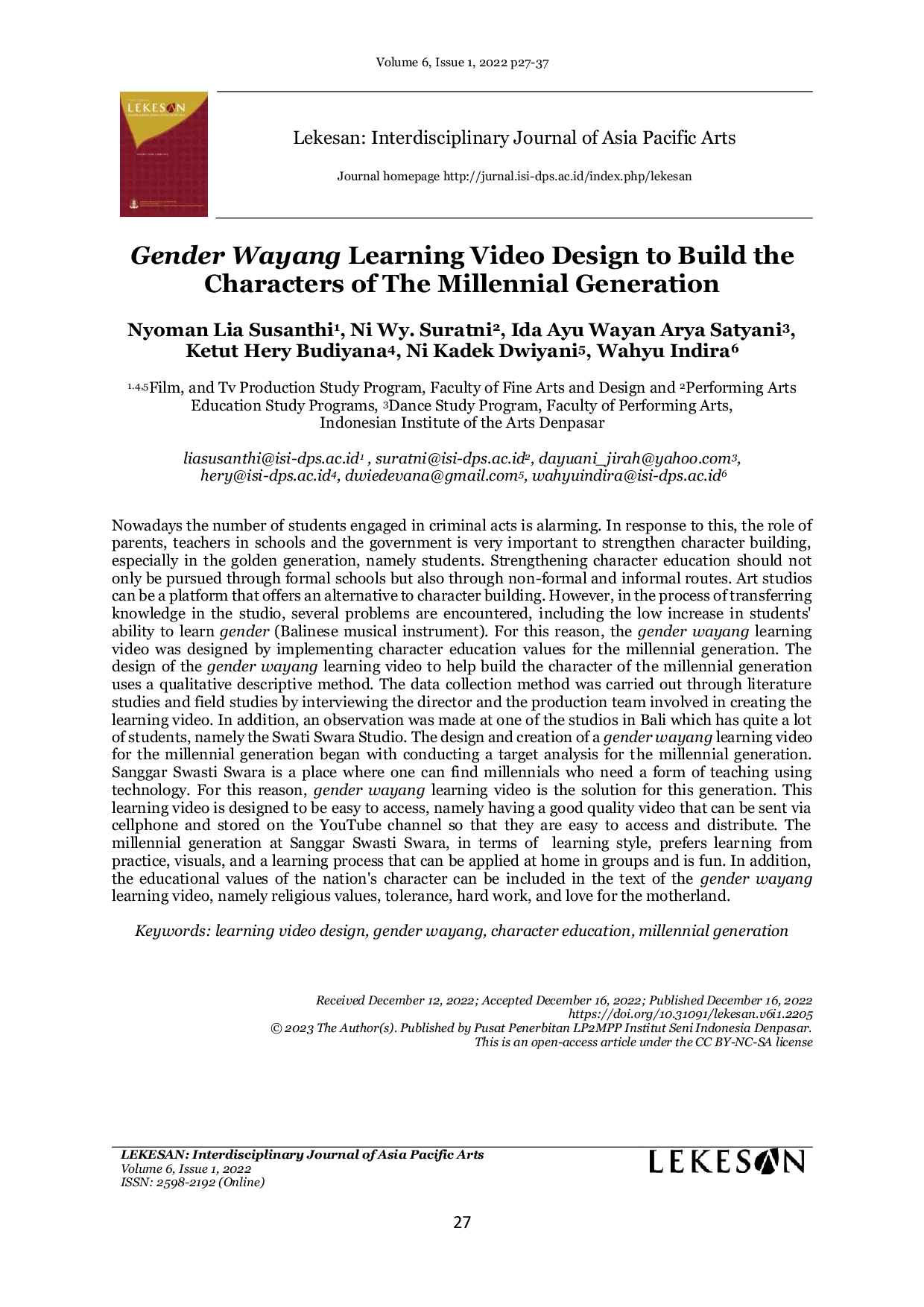 JURIS Gender Wayang Learning Video Design to Build the Characters of The Millennial Generation