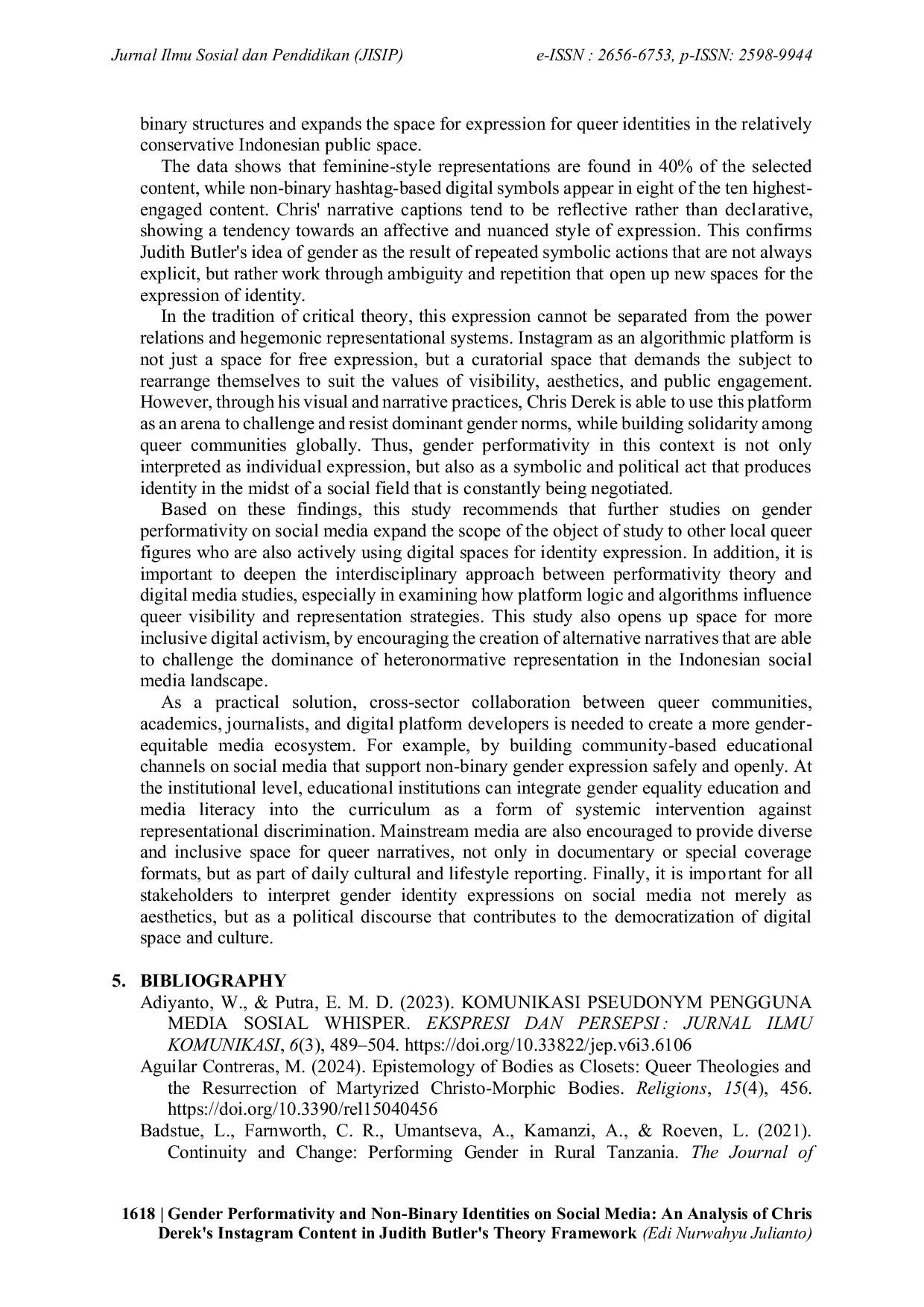 JURIS Gender Performativity and Non Binary Identities on Social Media An Analysis of Chris Derek s Instagram Content in Judith Butler s Theory Framework