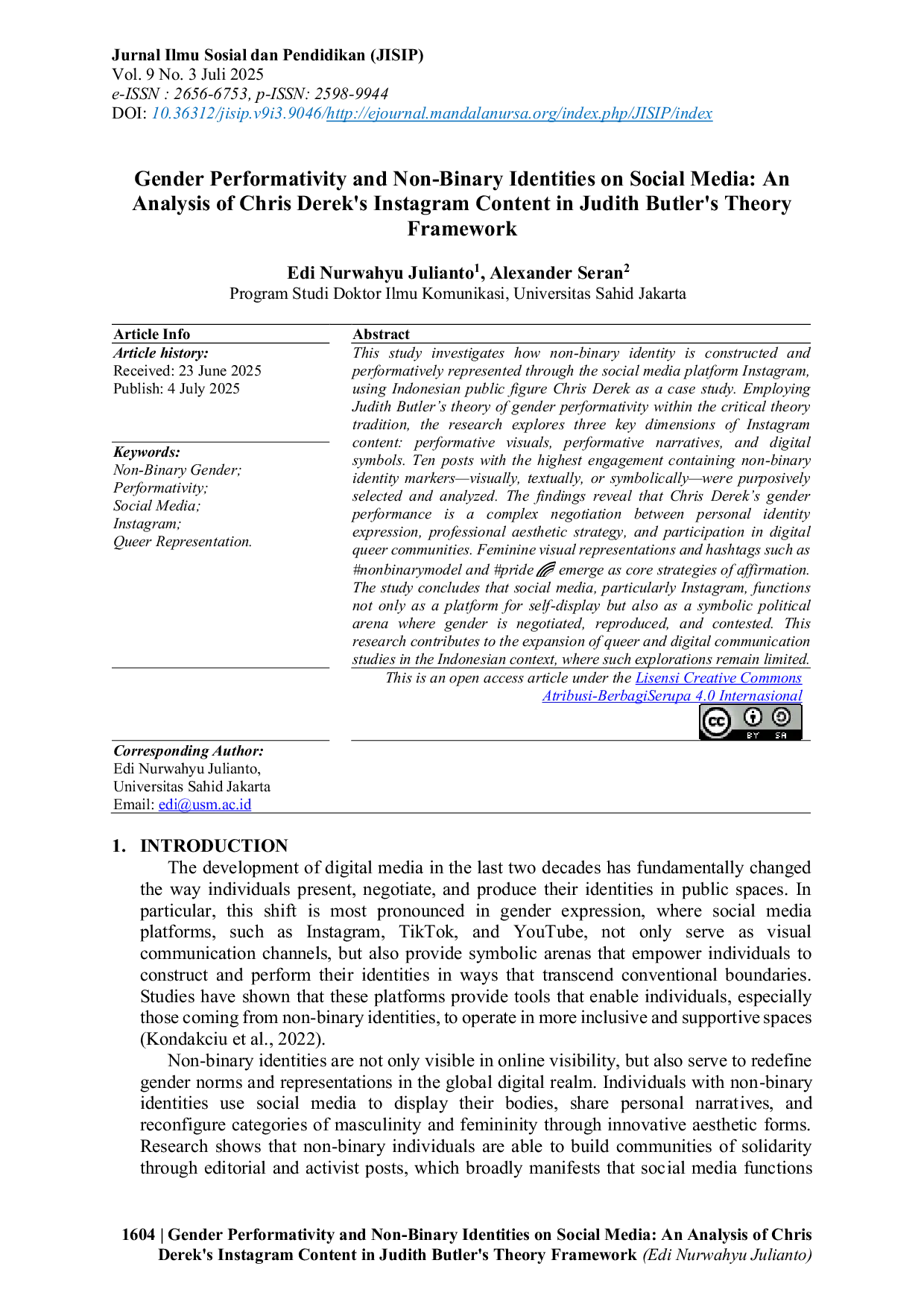 JURIS Gender Performativity and Non Binary Identities on Social Media An Analysis of Chris Derek s Instagram Content in Judith Butler s Theory Framework