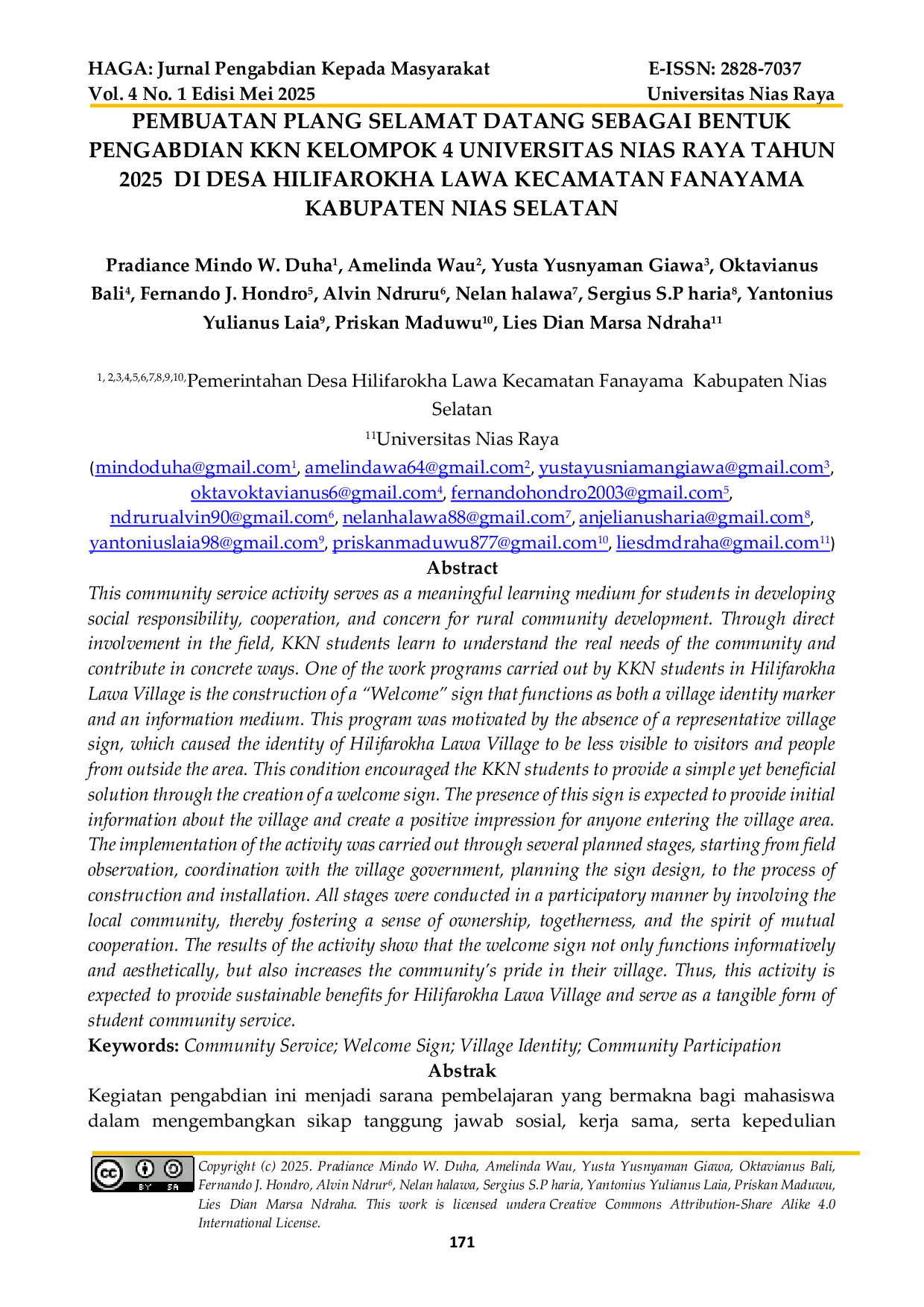 JURIS Pembuatan Plang Selamat Datang Sebagai Bentuk Pengabdian Kkn Kelompok 4 Universitas Nias Raya Tahun 2025 Di Desa Hilifarokha Lawa Kecamatan Fanayama Kabupaten Nias Selatan