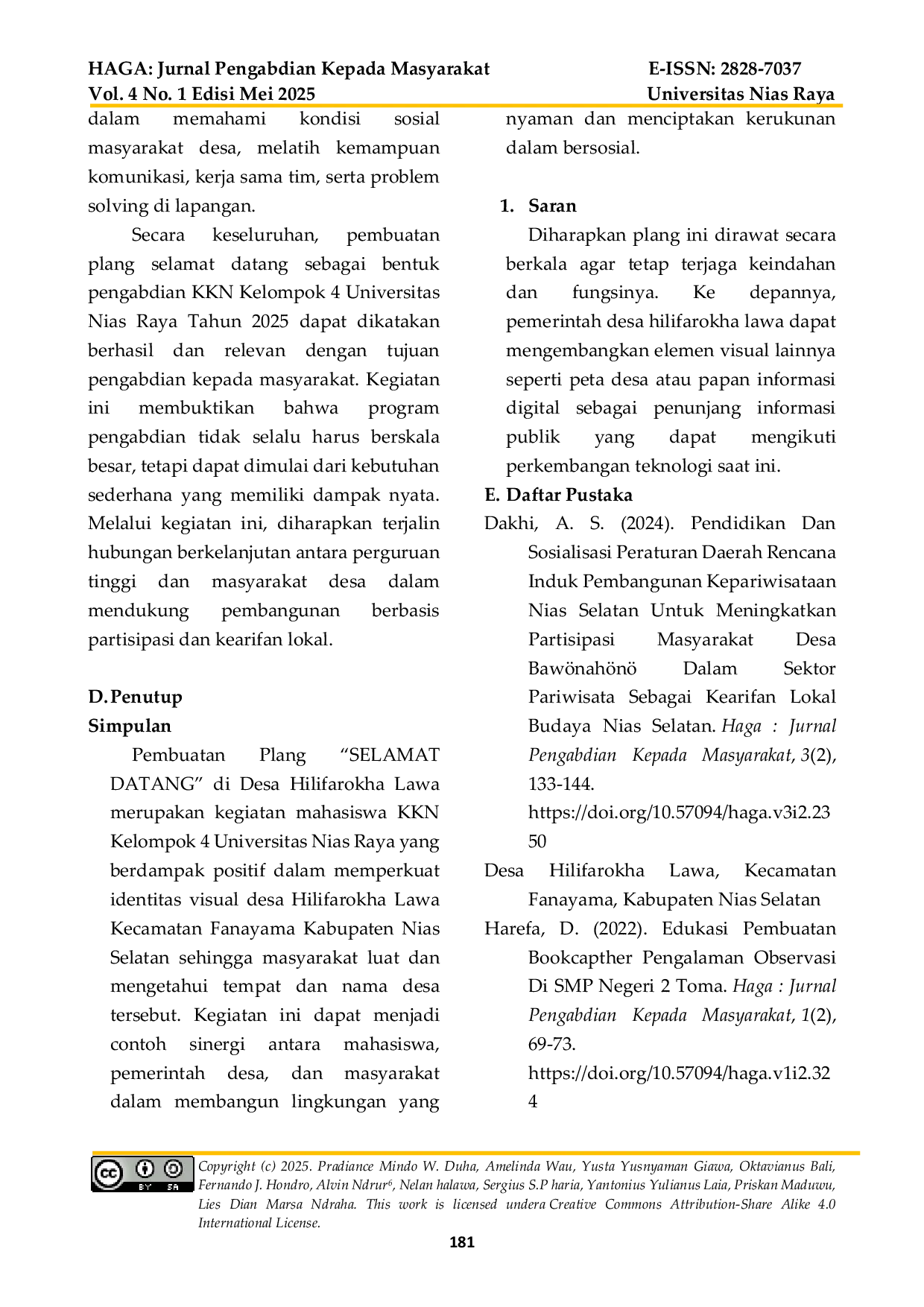 JURIS Pembuatan Plang Selamat Datang Sebagai Bentuk Pengabdian Kkn Kelompok 4 Universitas Nias Raya Tahun 2025 Di Desa Hilifarokha Lawa Kecamatan Fanayama Kabupaten Nias Selatan