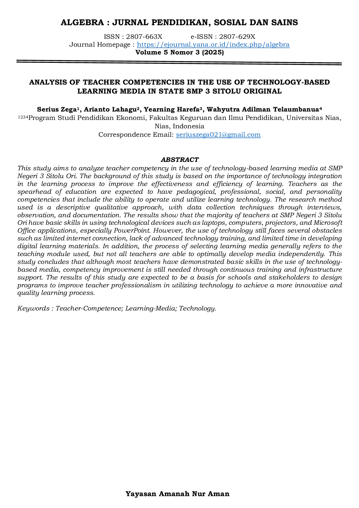 JURIS Analysis of Teacher Competencies in the Use of Technology Based Learning Media in State SMP 3 Sitolu Original