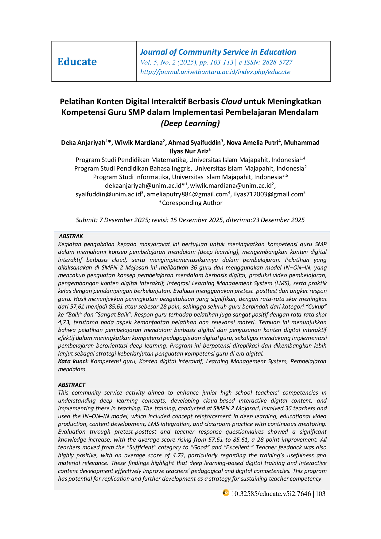 JURIS Pelatihan Konten Digital Interaktif Berbasis Cloud untuk Meningkatkan Kompetensi Guru SMP dalam Implementasi Pembelajaran Mendalam Deep Learning