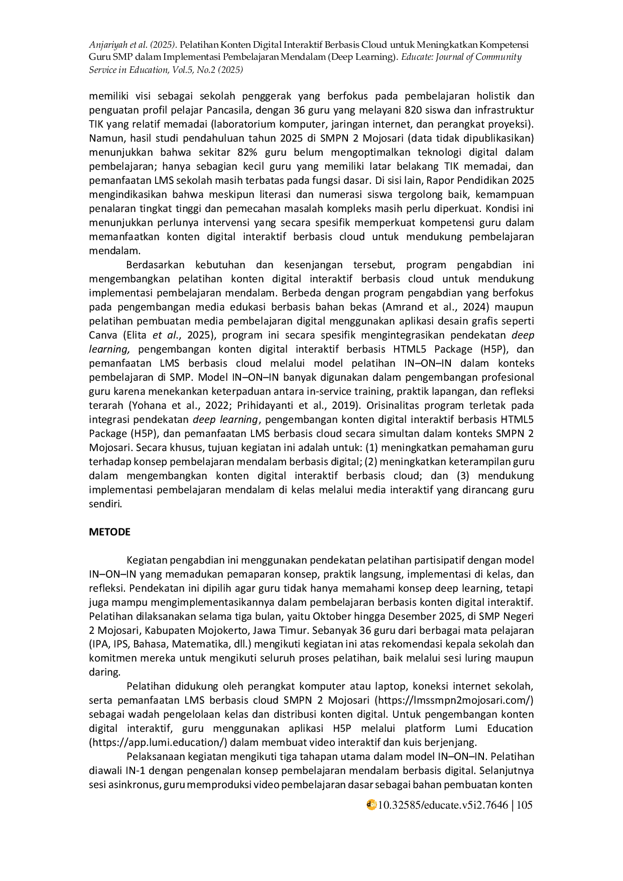 JURIS Pelatihan Konten Digital Interaktif Berbasis Cloud untuk Meningkatkan Kompetensi Guru SMP dalam Implementasi Pembelajaran Mendalam Deep Learning