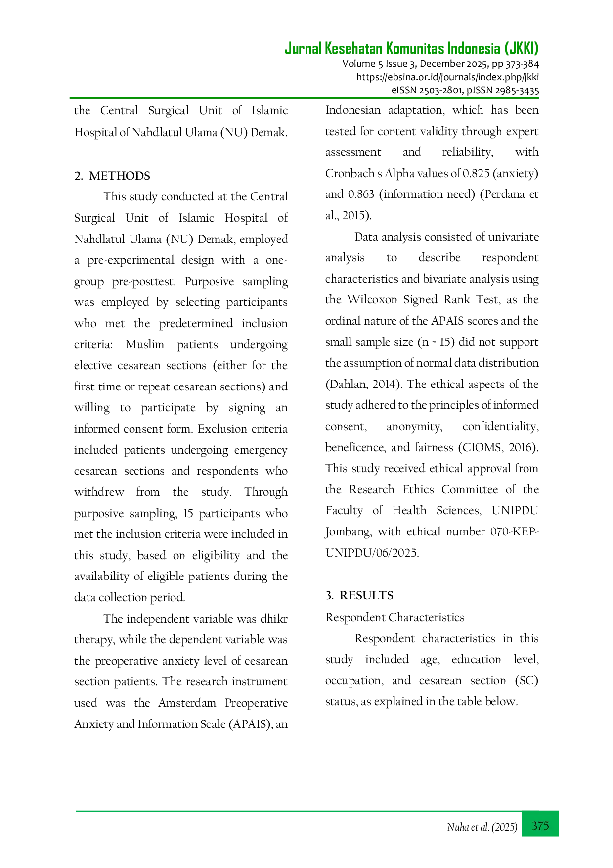 JURIS The Effect of Dhikr on Preoperative Anxiety Among Women Undergoing Elective Cesarean Section A Pre Experimental Study